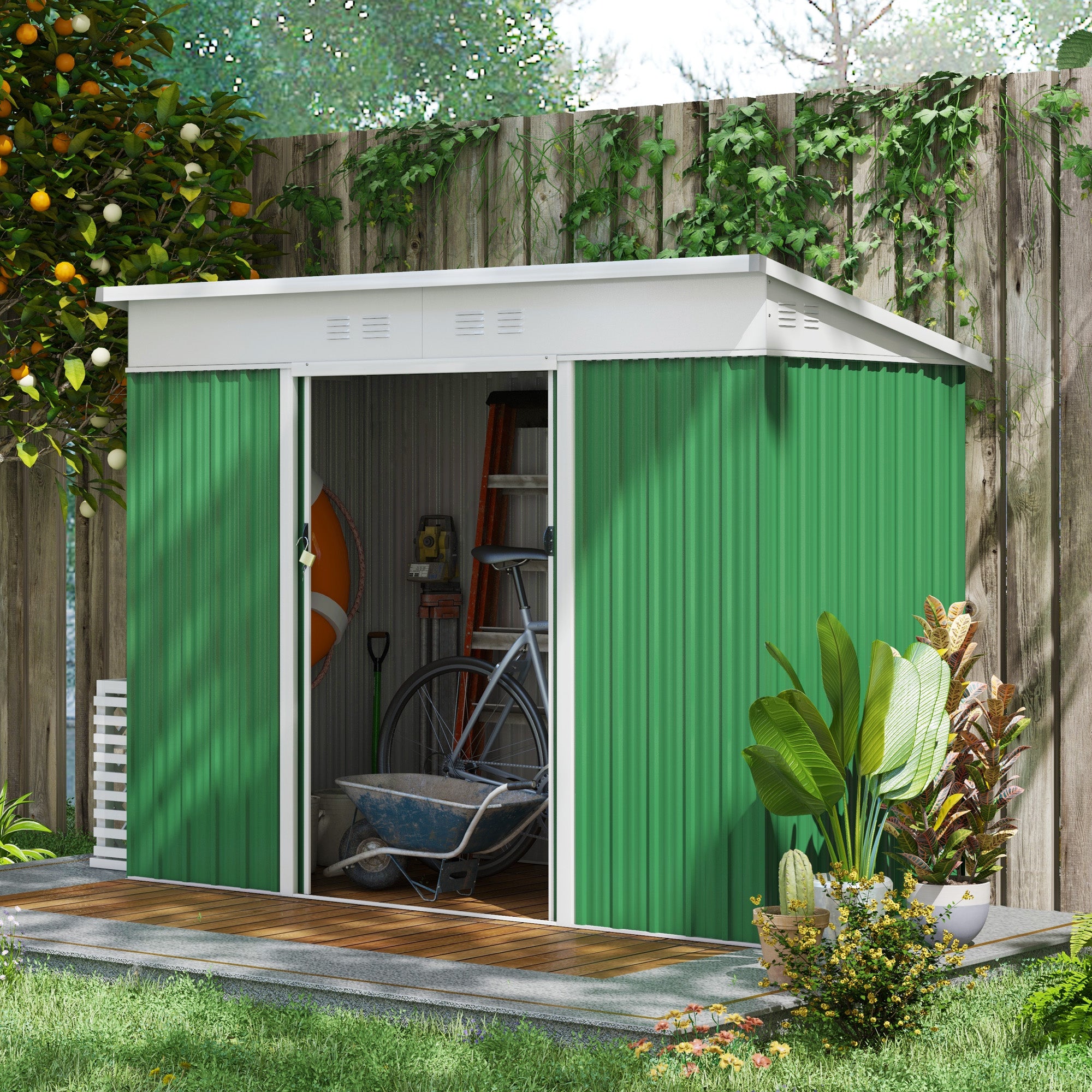Outsunny 7.6 x 4.3ft Garden Storage Shed w/ Sliding Door Ventilation Window Sloped Roof Gardening Tool Storage Green - anydaydirect