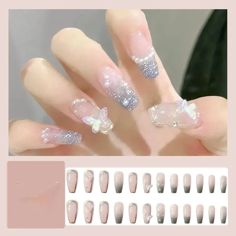 24Pcs Press on Nails Long with Designs Pink Rhinestones False Fake Nails Press On Coffin Artificial Nails for Women Stick on - anydaydirect