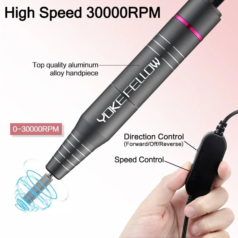 YOKEFELLOW Electric Nail Drill 30000RPM Professional Electric Nail File Kit for Acrylic Gel Nails Manicure Pedicure Home Use - anydaydirect