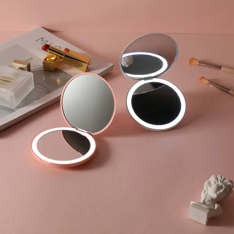 Personalized Small LED Light Cosmetic 2 Side Folding Makeup Compact Pocket Mirror Women Luminous Effect Pink White Mini Mirror - anydaydirect