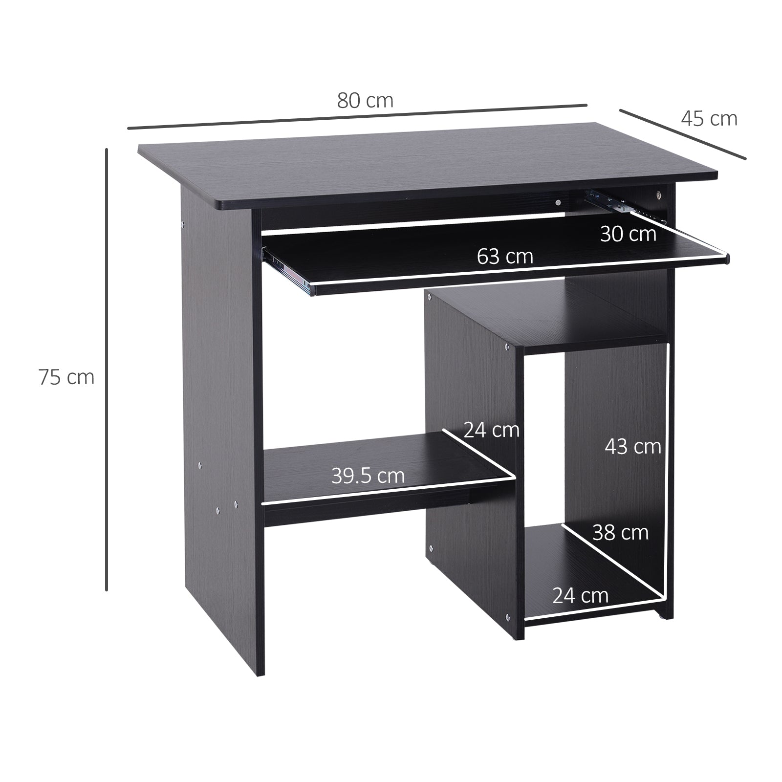 HOMCOM Compact Small Computer Table Wooden Desk Keyboard Tray Storage Shelf Modern Corner Table Home Office Black - anydaydirect