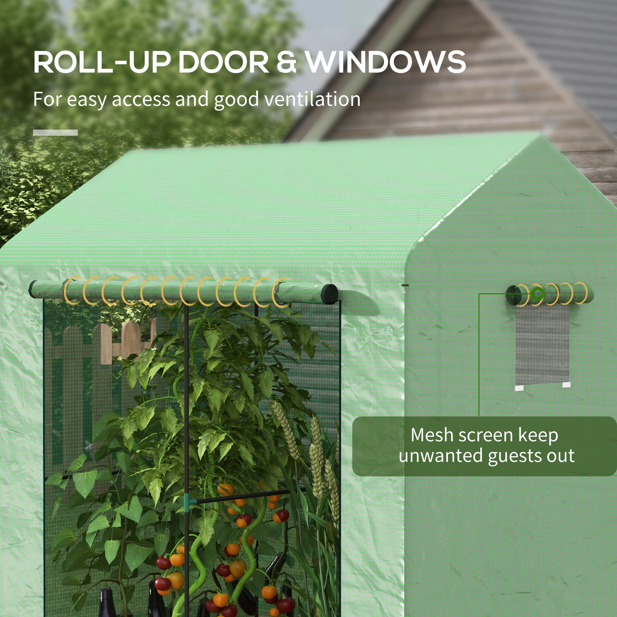 Outsunny Greenhouse, Walk-in Garden Grow House with Roll-up Door and Mesh Windows, 200 x 140 x 200cm, Green - anydaydirect