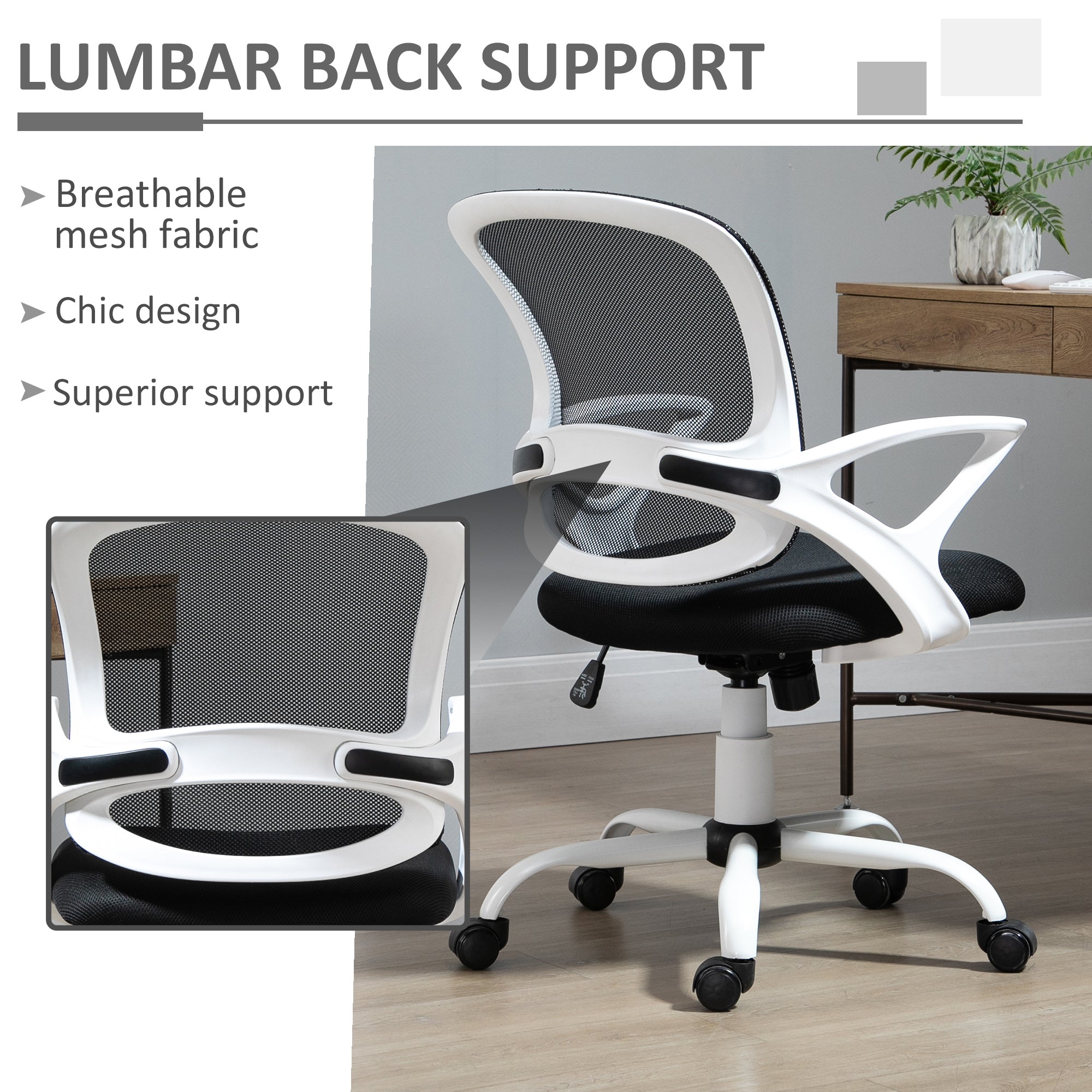 Vinsetto Office Chair Mesh Swivel Desk Chair with Lumbar Back Support Adjustable Height Armrests Black - anydaydirect