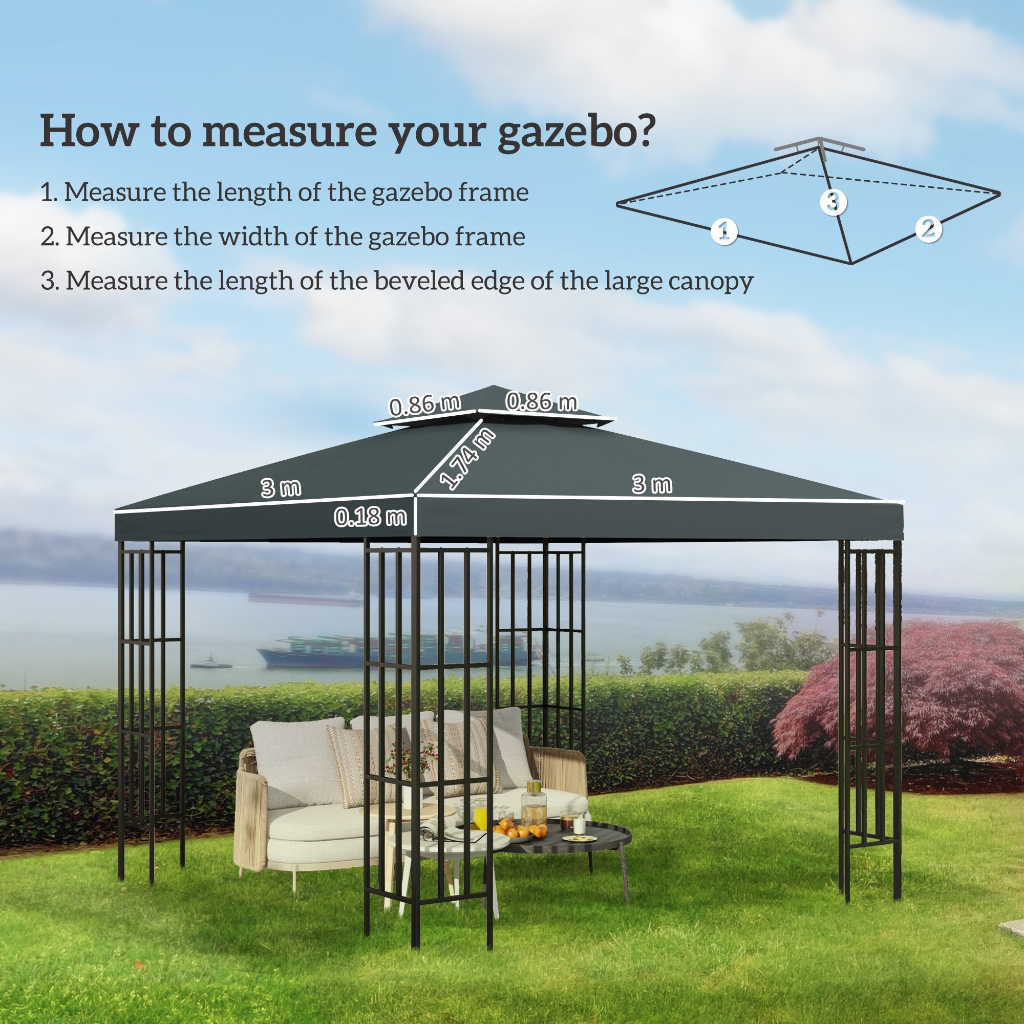 Outsunny Gazebo Roof Replacement, for 3 x 3(m) Frames - Grey - anydaydirect