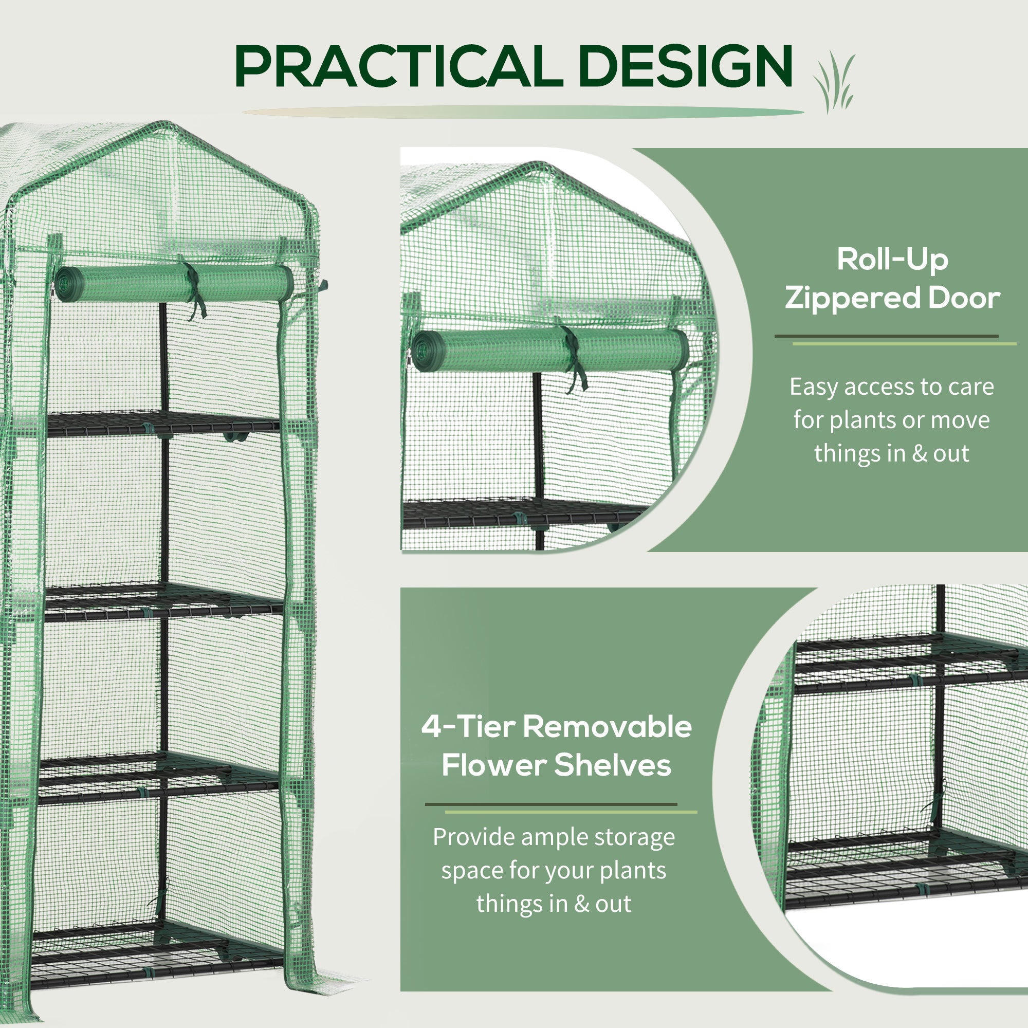 Outsunny 4 Tier Mini Greenhouse, Portable Compact Green House with Steel Frame, PE Cover, Roll-up Door, 70 x 50 x 160 cm, Green - anydaydirect