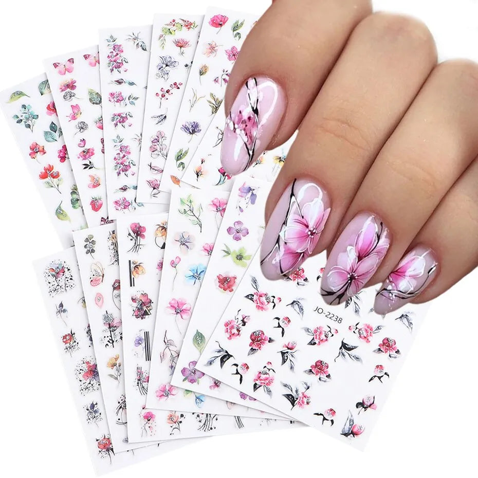 12pcs Design Shiny Flowers Nail Sticker 3D Pink Spring Blossom Nail Art Decals Green Leaves Sliders DIY Decorate Manicure - anydaydirect