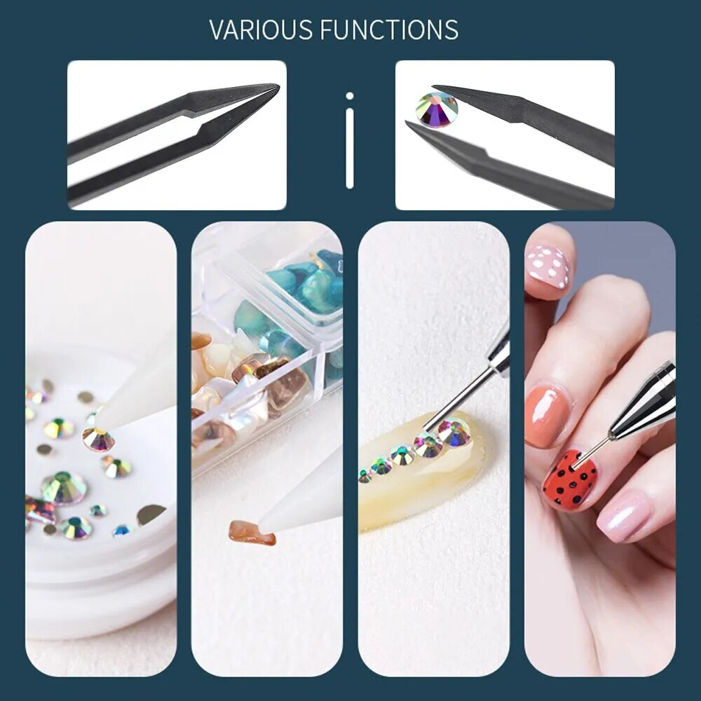 12 Grids Multi Sizes Nail Rhinestones Set Crystal AB Clear Gems with Crystal Pen Clips for DIY Nail Art Decorations - anydaydirect