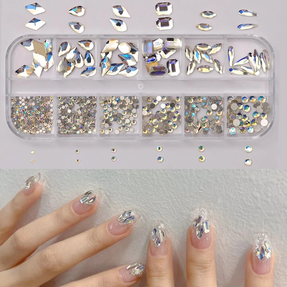 12 Grids Moonlight Nails Crystal Rhinestones Mix Sizes Glitter Glass Nail Charms Accessories Nail Art Decoration Gems - anydaydirect