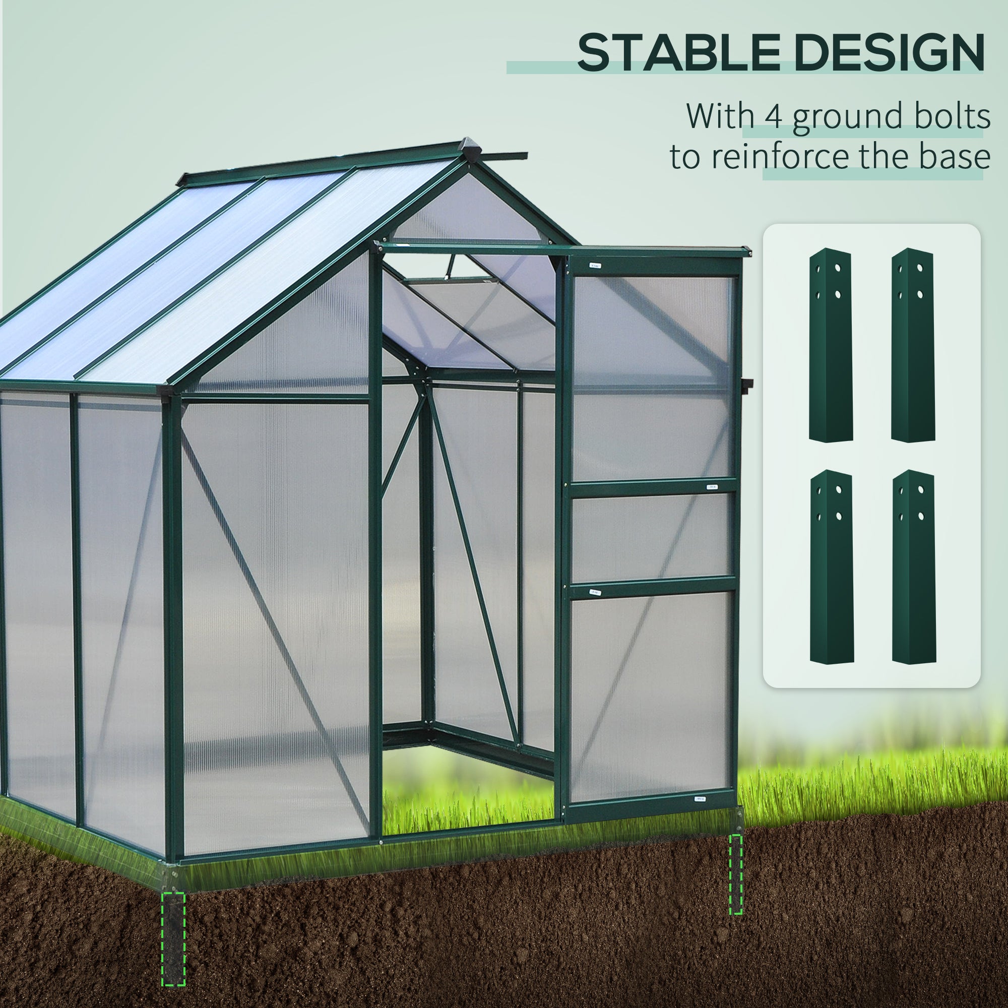 Outsunny 6 x 6ft Polycarbonate Greenhouse, Large Walk-In Green House with Slide Door and Window, Garden Plants Grow House with Aluminium Frame and Foundation, Dark Green - anydaydirect