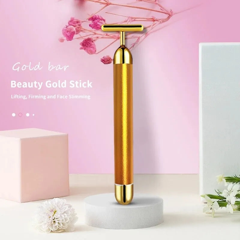 1pcs 24k Gold Thin Face Stick Roller Slimming Massage Stick Face Beauty Care Tshaped Vibrating Tool - anydaydirect