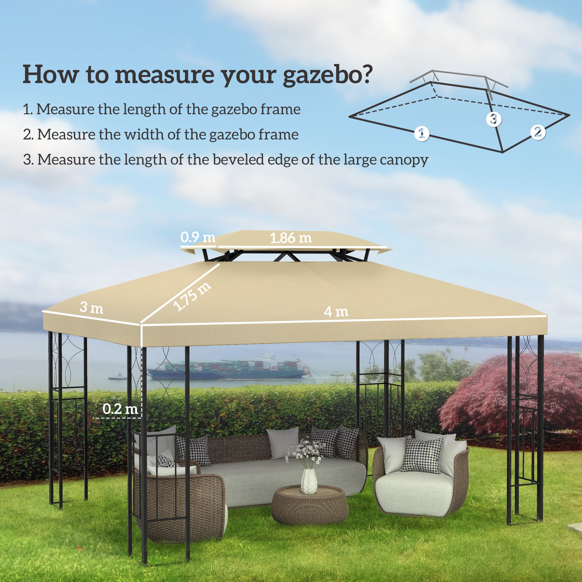 Outsunny Gazebo Roof Replacement, for 3 x 4m Frames - Cream - anydaydirect
