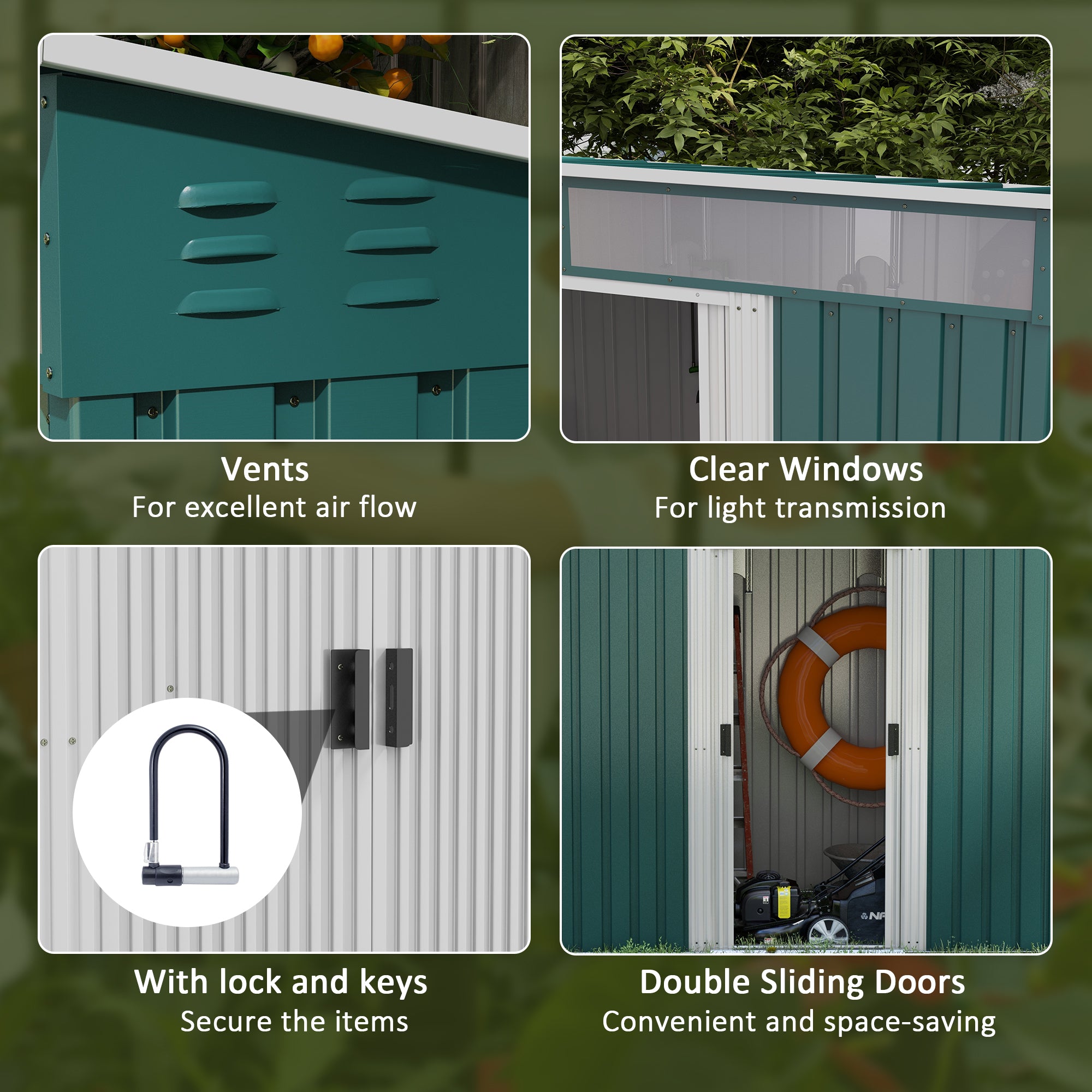 Outsunny 6.5 x 4FT Galvanised Metal Shed with Foundation, Lockable Tool Garden Shed with Double Sliding Doors and 2 Vents, Green - anydaydirect