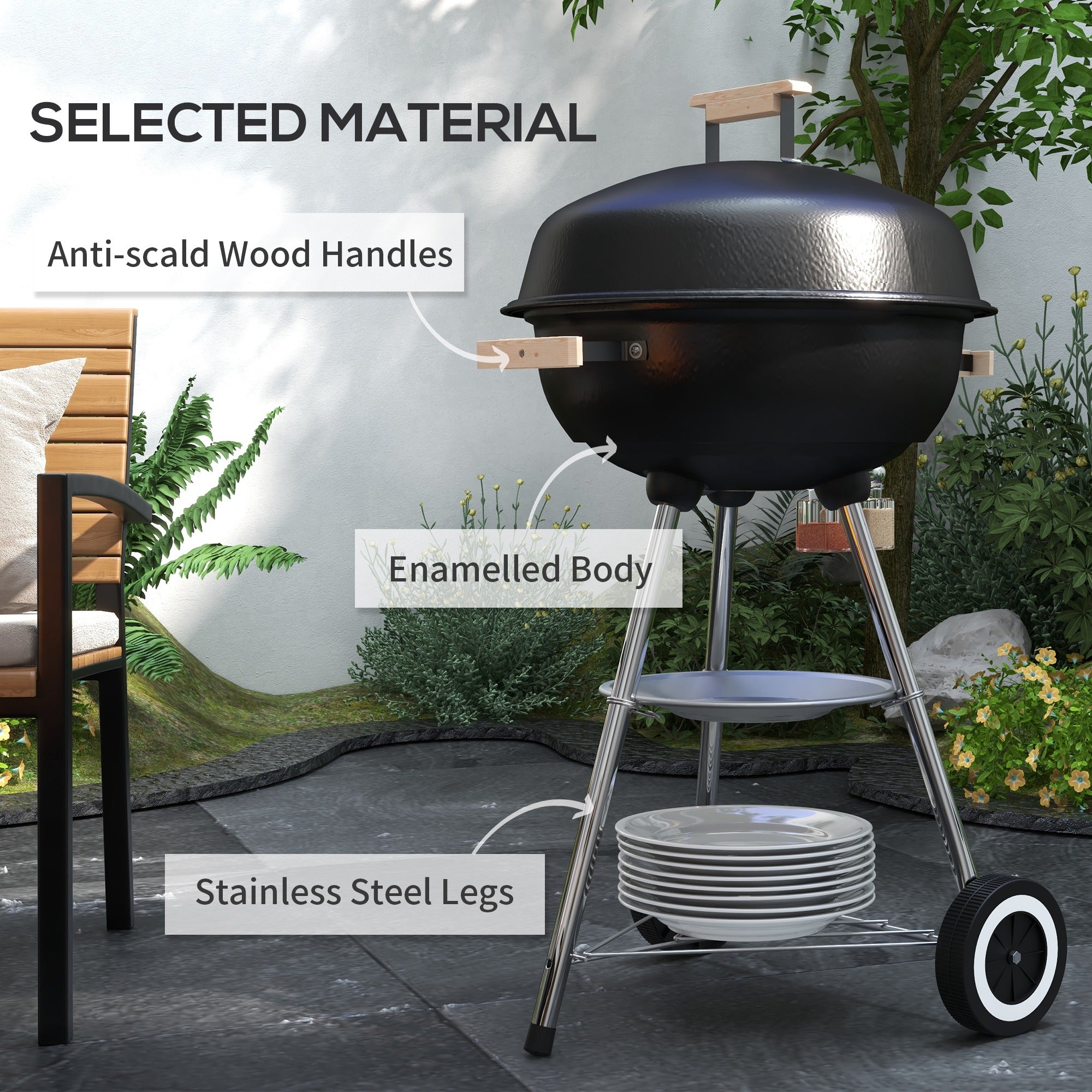 Outsunny Portable Round Kettle Charcoal Grill BBQ Smoker with Lid Outdoor Heat Control Party Patio Barbecue Garden - anydaydirect