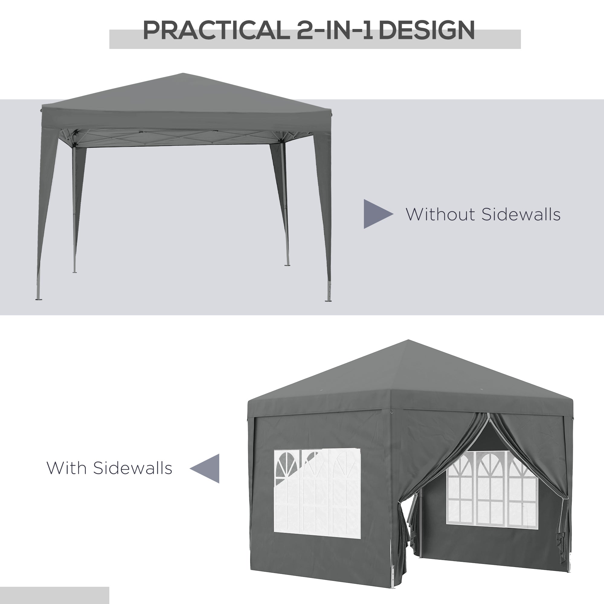 Outsunny 3 x 3 Meters Pop Up Water Resistant Gazebo Wedding Camping Party Tent Canopy Marquee with Carry Bag and 2 Windows, Grey - anydaydirect