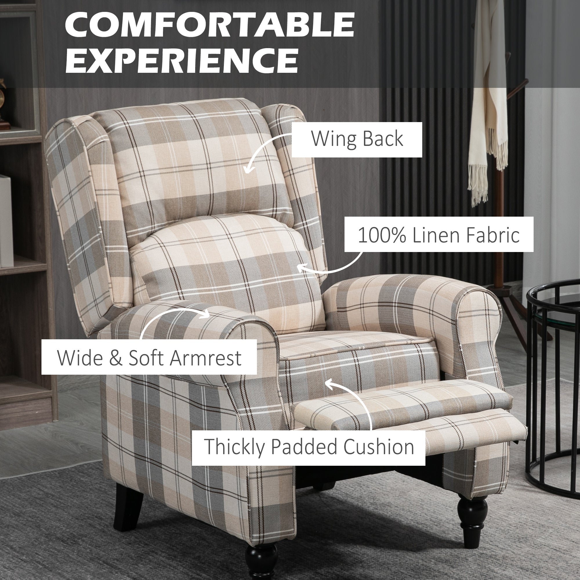 HOMCOM Wingback Recliner Armchair for Living Room, Pushback Reclining Chair with Round Armrests, Footrest and Rubber Wood Legs, Khaki - anydaydirect