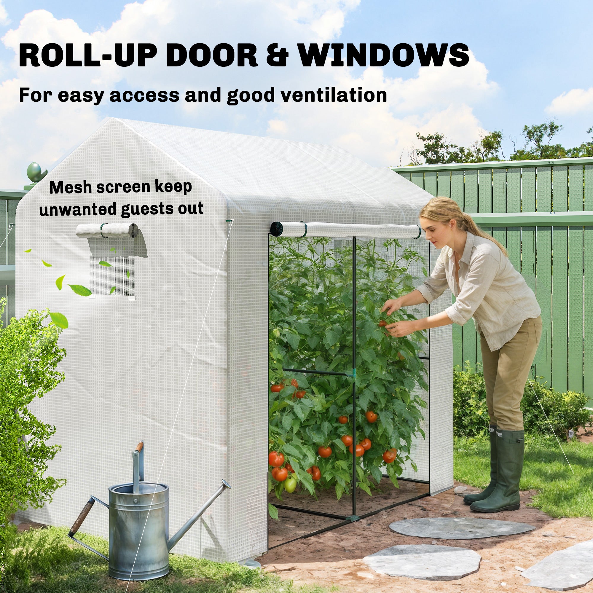 Outsunny Walk-in Greenhouse, Outdoor Tomato Greenhouse with Roll-up Door and Mesh Windows, PE Cover, 200 x 140 x 200cm, White - anydaydirect