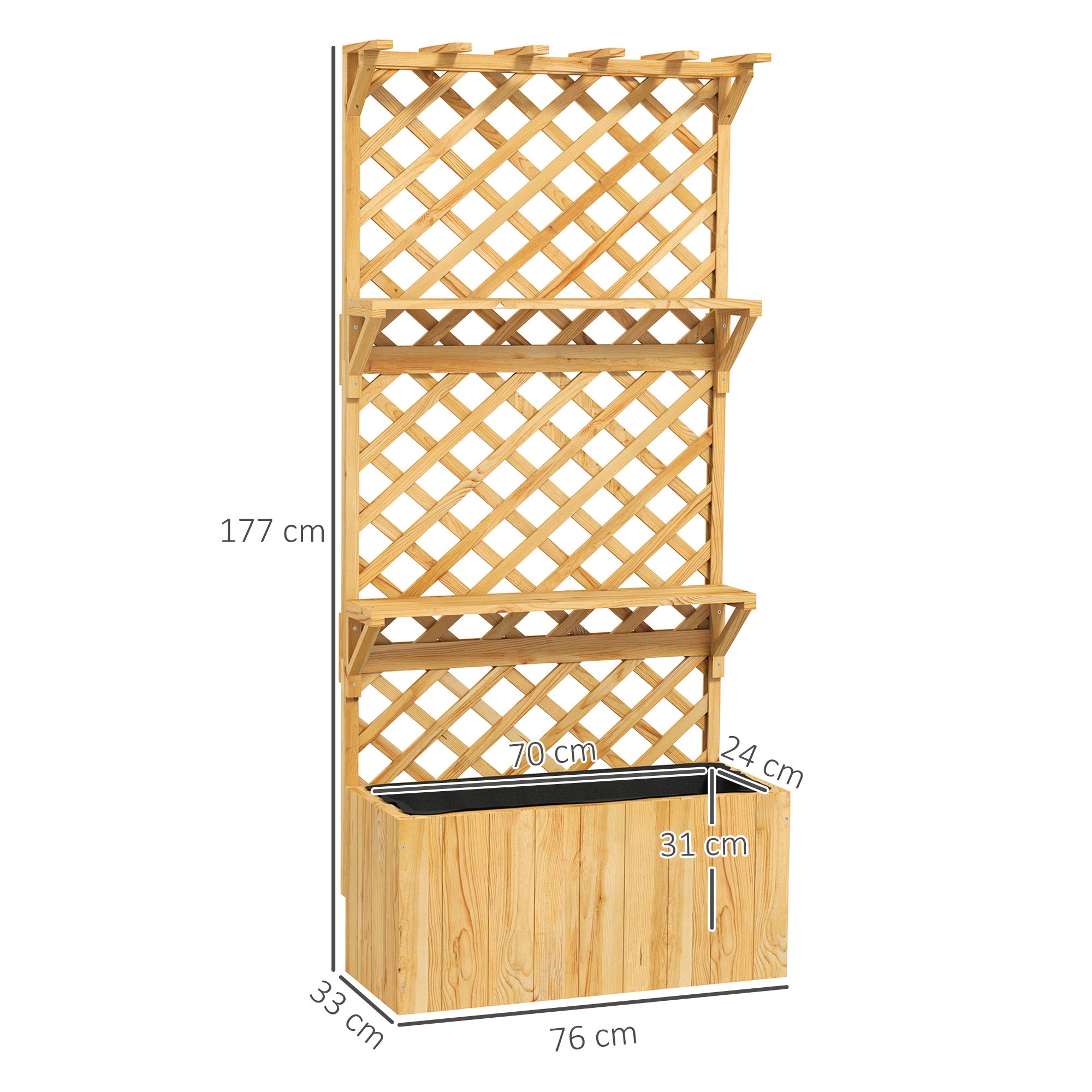 Outsunny 52L Wooden Planter, with Trellis and Shelves - Natural Finish - anydaydirect