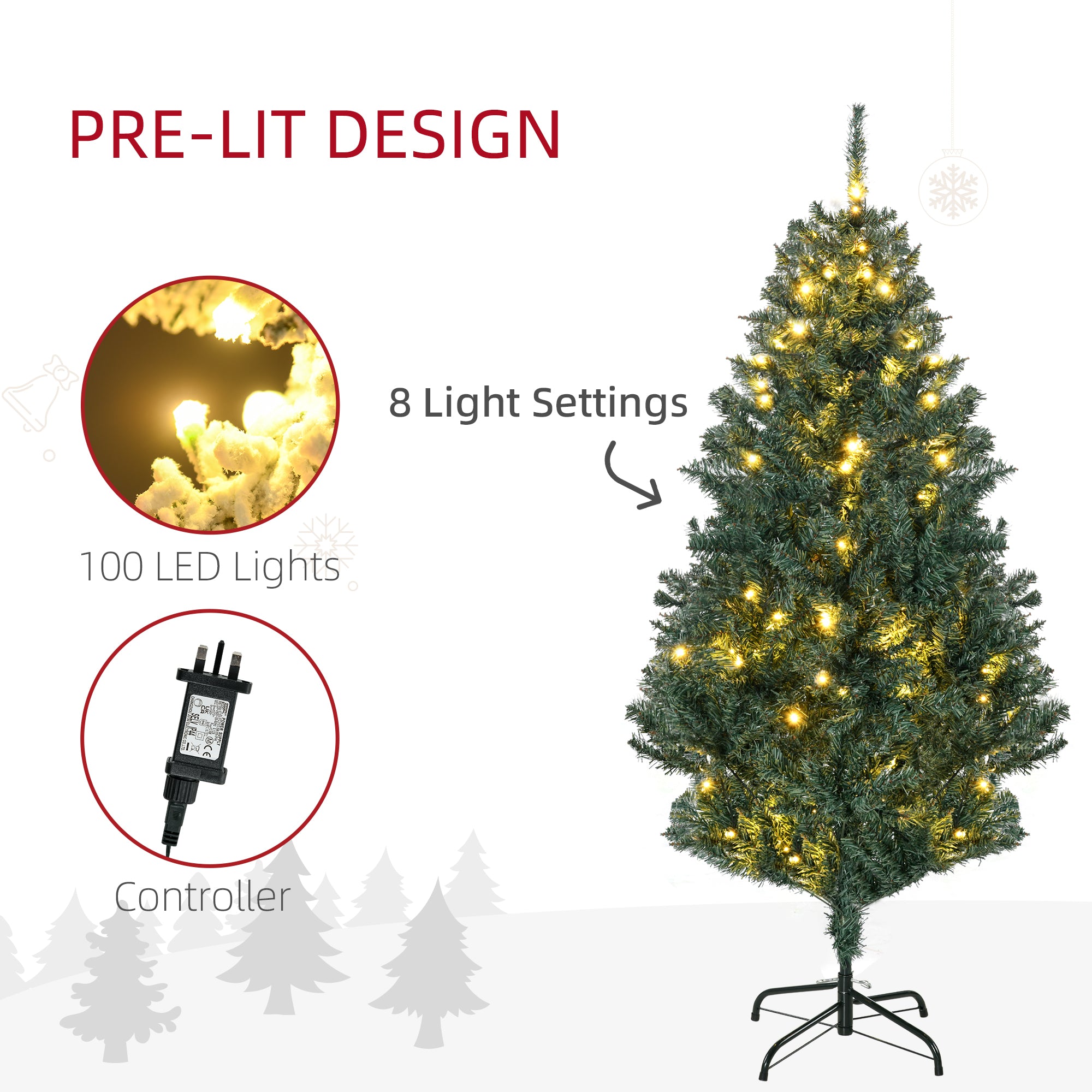 HOMCOM 5' Artificial Prelit Christmas Trees Holiday Décor with Warm White LED Lights, Decoration, Banner, Tag, Ball - anydaydirect
