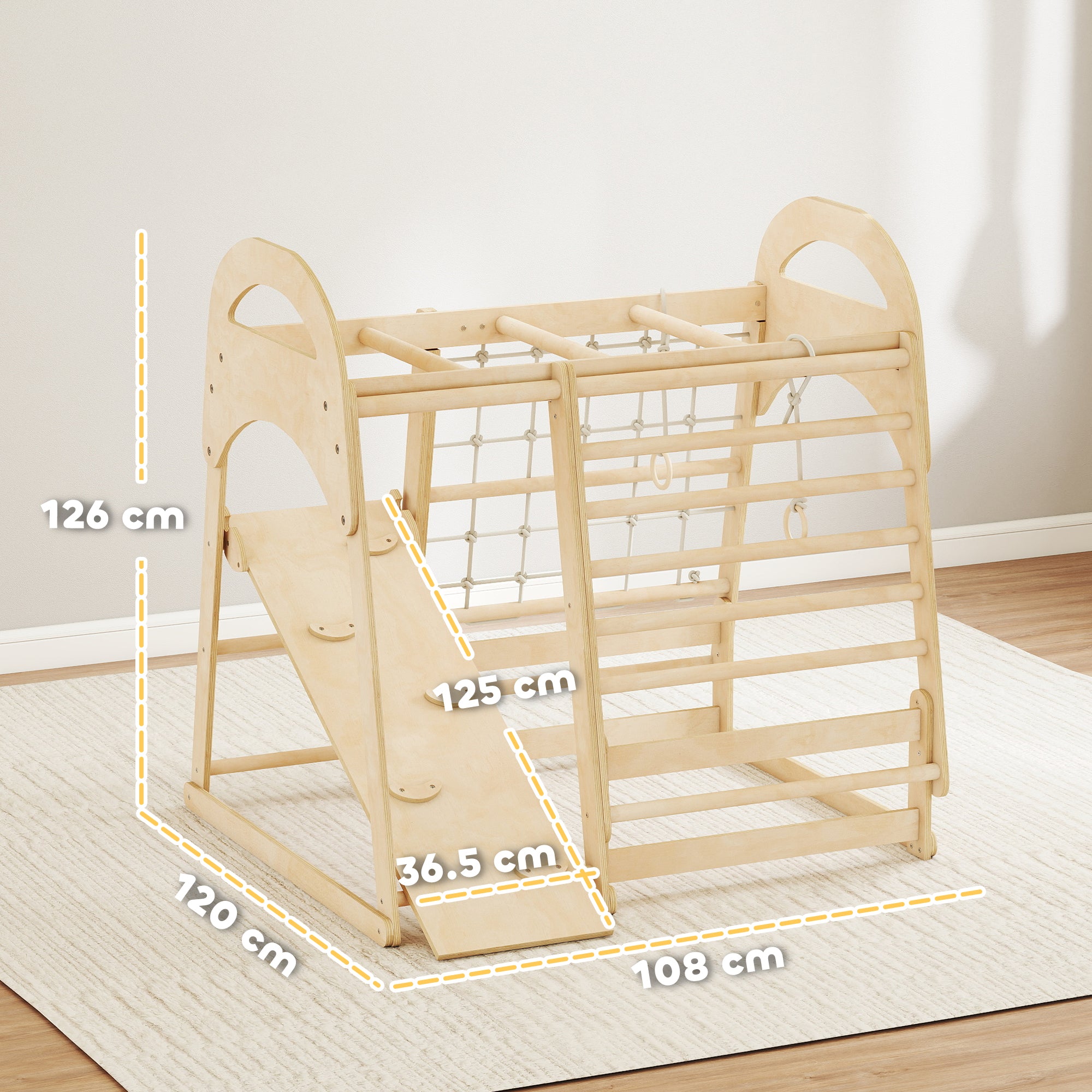 AIYAPLAY 6 in 1 Kids Climbing Frame with Slide, Monkey Bars, Gymnastics Rings, Ladder, Climbing Net, for 3-6 Years, Natural Tone - anydaydirect