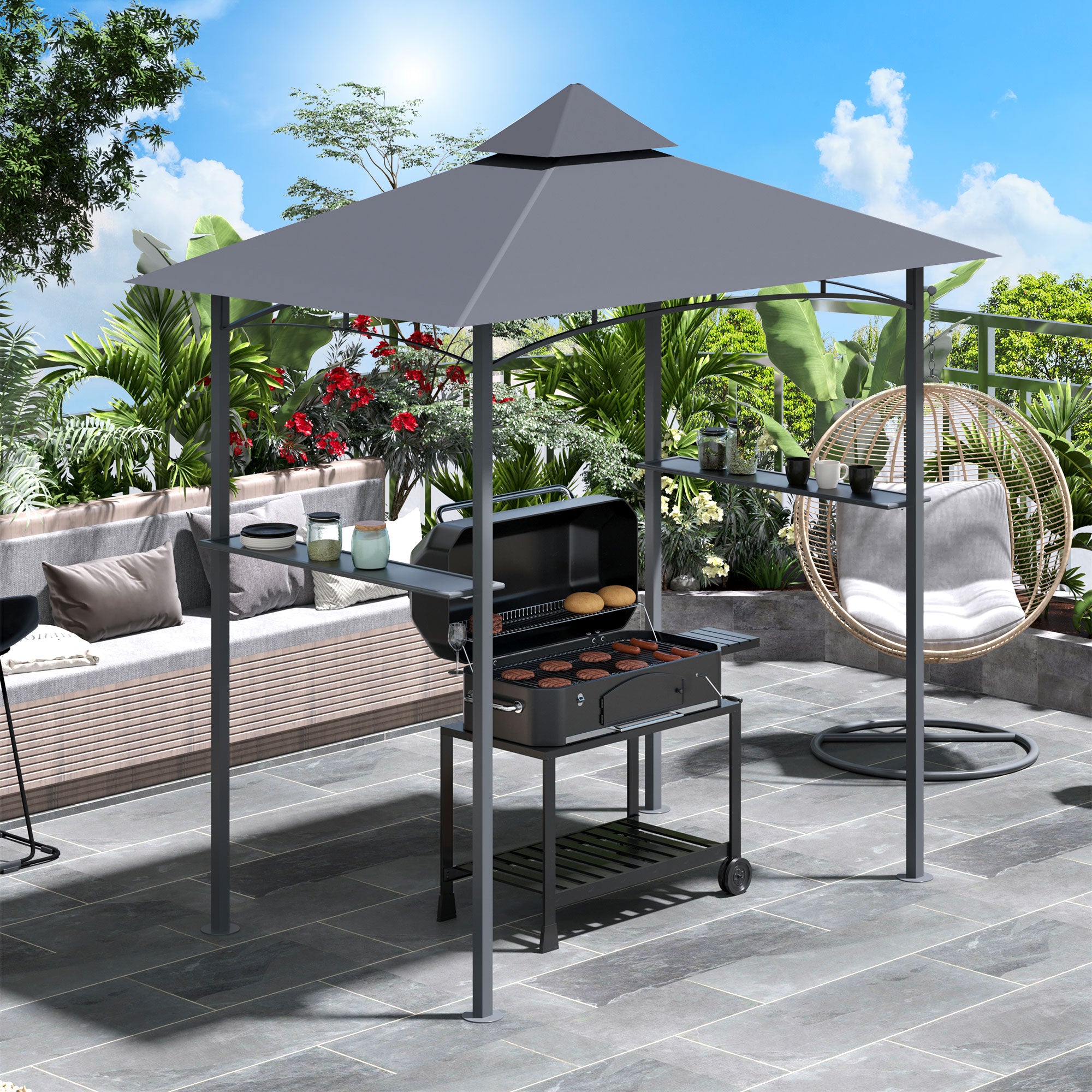 Outsunny 2.5M (8ft) New Double-Tier BBQ Gazebo Grill Canopy Barbecue Tent Shelter Patio Deck Cover - Grey - anydaydirect