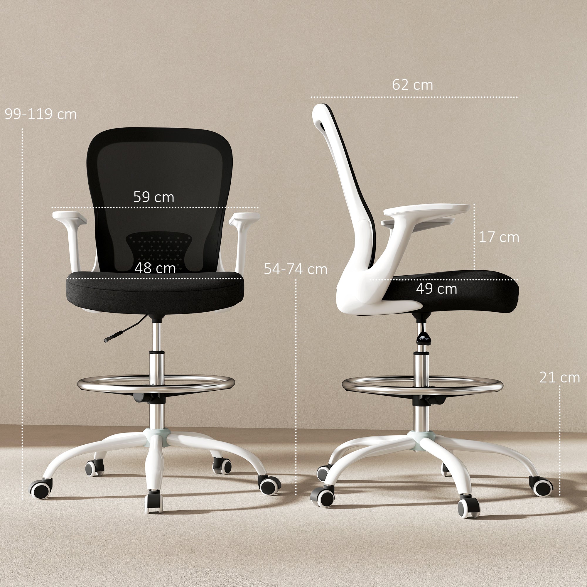 HOMCOM Draughtsman Chair, Mesh Drafting Chair, Ergonomic Office Chair with Flip-up Armrest, Adjustable Foot Ring, Black White - anydaydirect