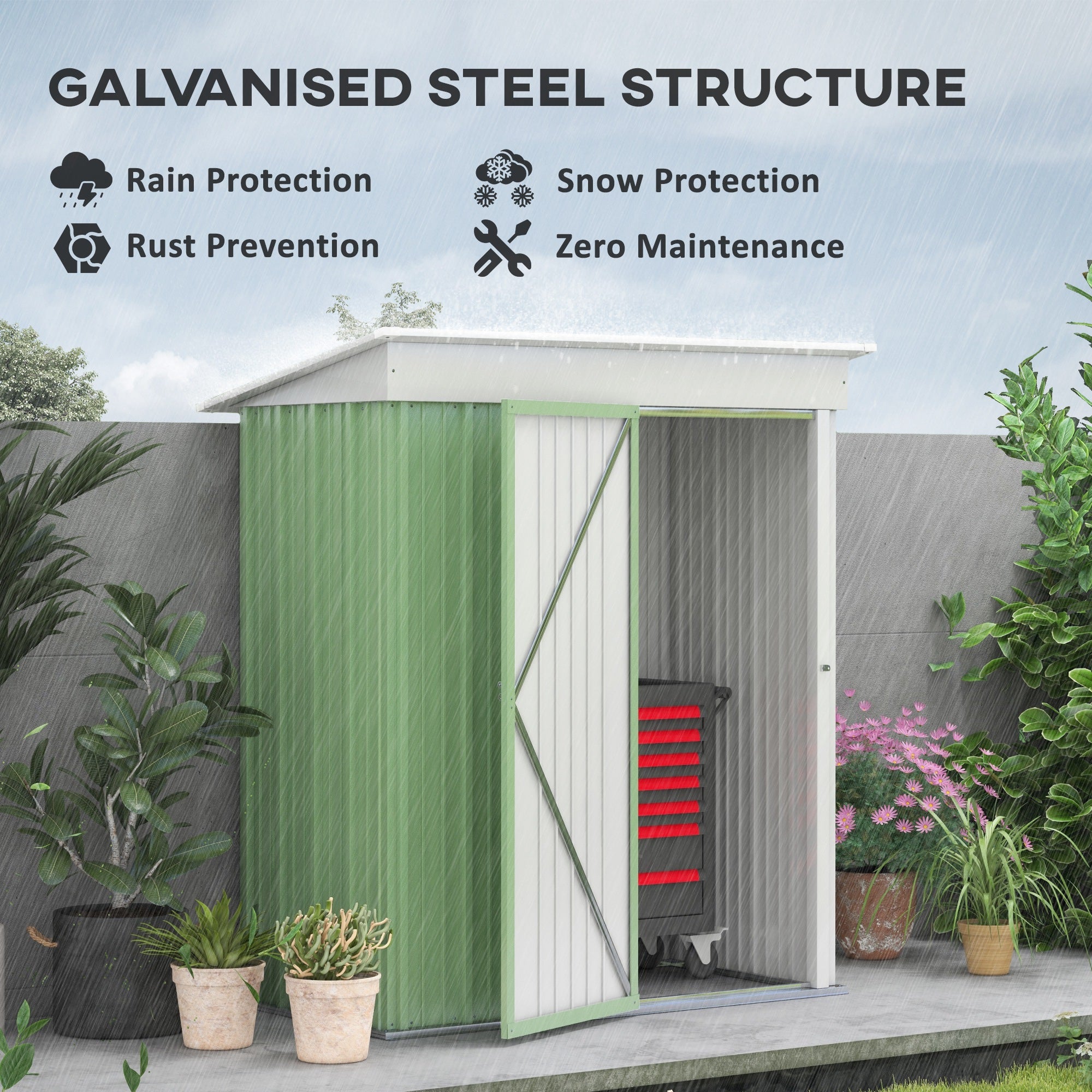 Outsunny 5'x3'x6' Metal Garden Shed Roofed Lean-to Shed for Tool Motor Bike, with Adjustable Shelf, Lock, Gloves, Green - anydaydirect