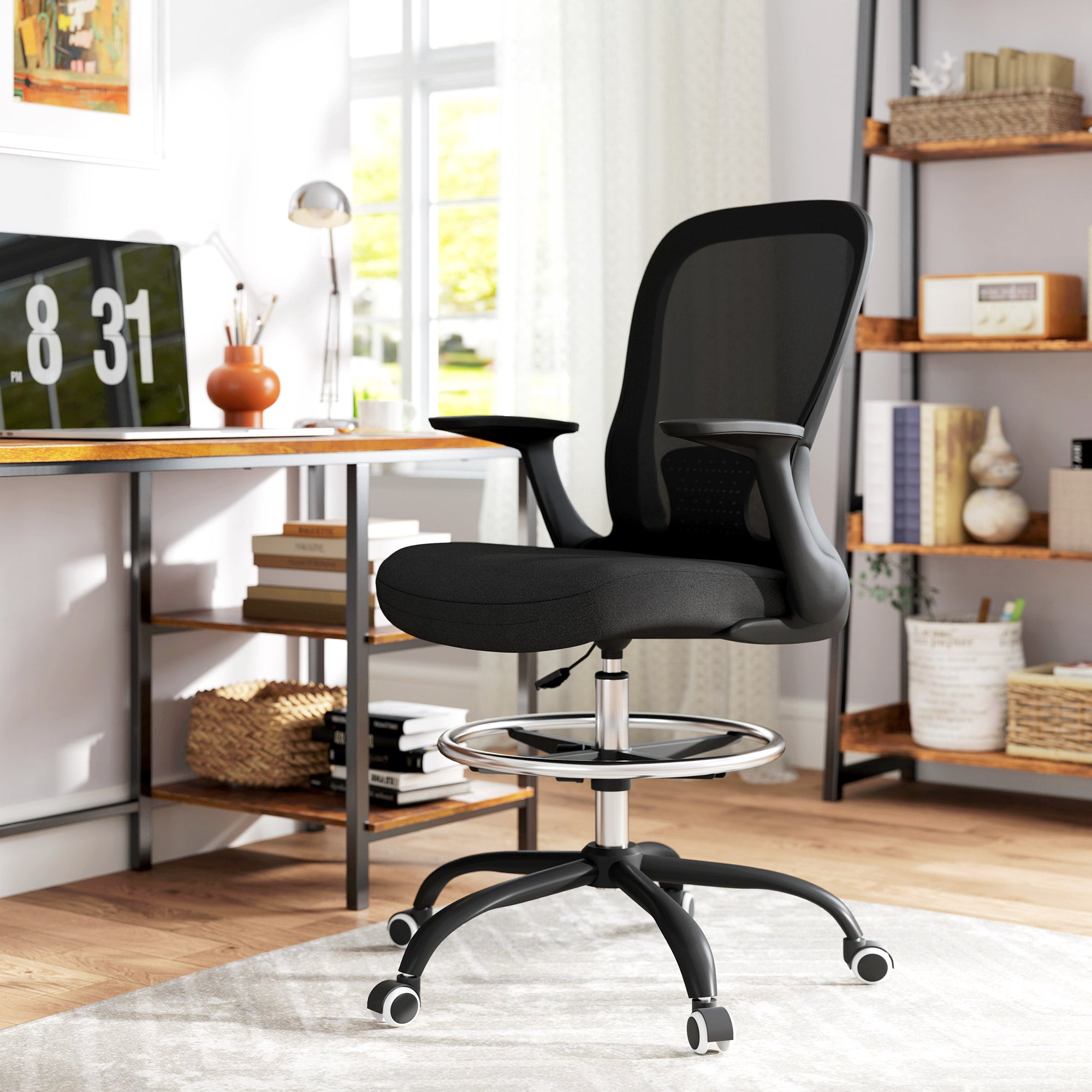 HOMCOM Draughtsman Chair, Mesh Drafting Chair, Ergonomic Office Chair with Flip-up Armrest, Adjustable Foot Ring, Black - anydaydirect