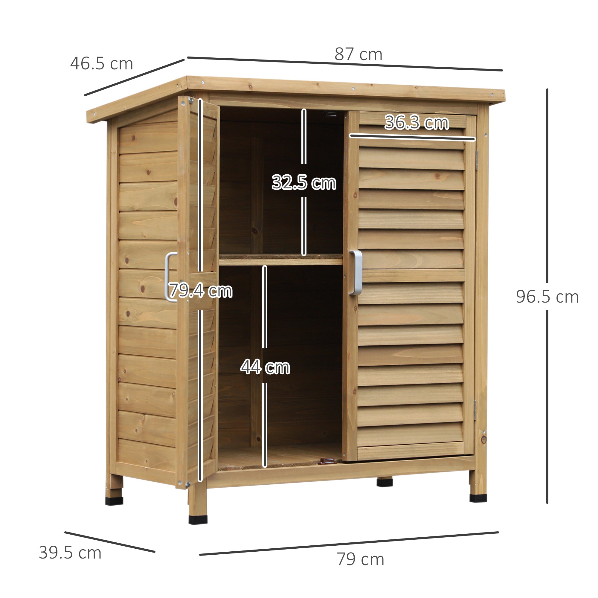 Outsunny Garden Shed Wooden Garden Storage Shed 2 Door Unit Solid Fir Wood Garage Tool Organisation Cabinet, 87L x 46.5W x 96.5Hcm, Grey - anydaydirect