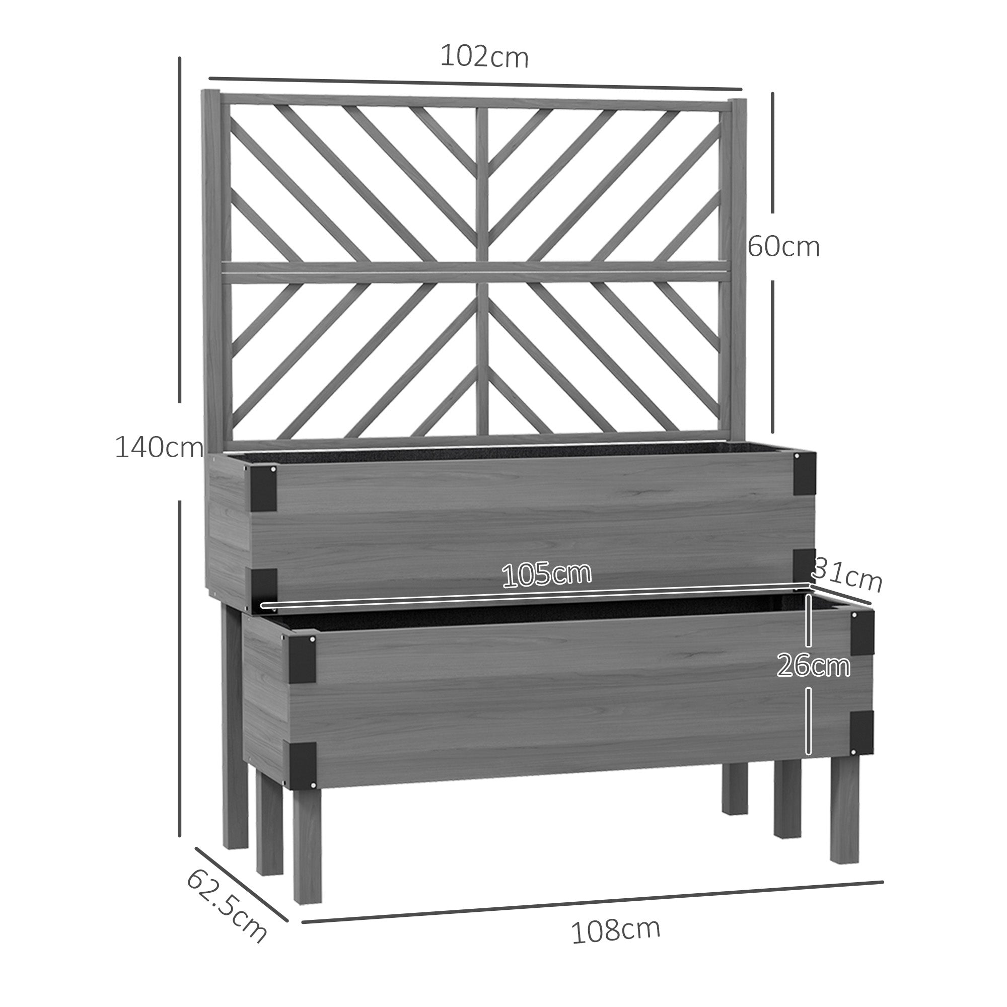 Outsunny Raised Garden Bed with Trellis, 2-Tier Wooden Elevated Planter Box  for Vegetables, Flowers, Herbs, Grey - anydaydirect