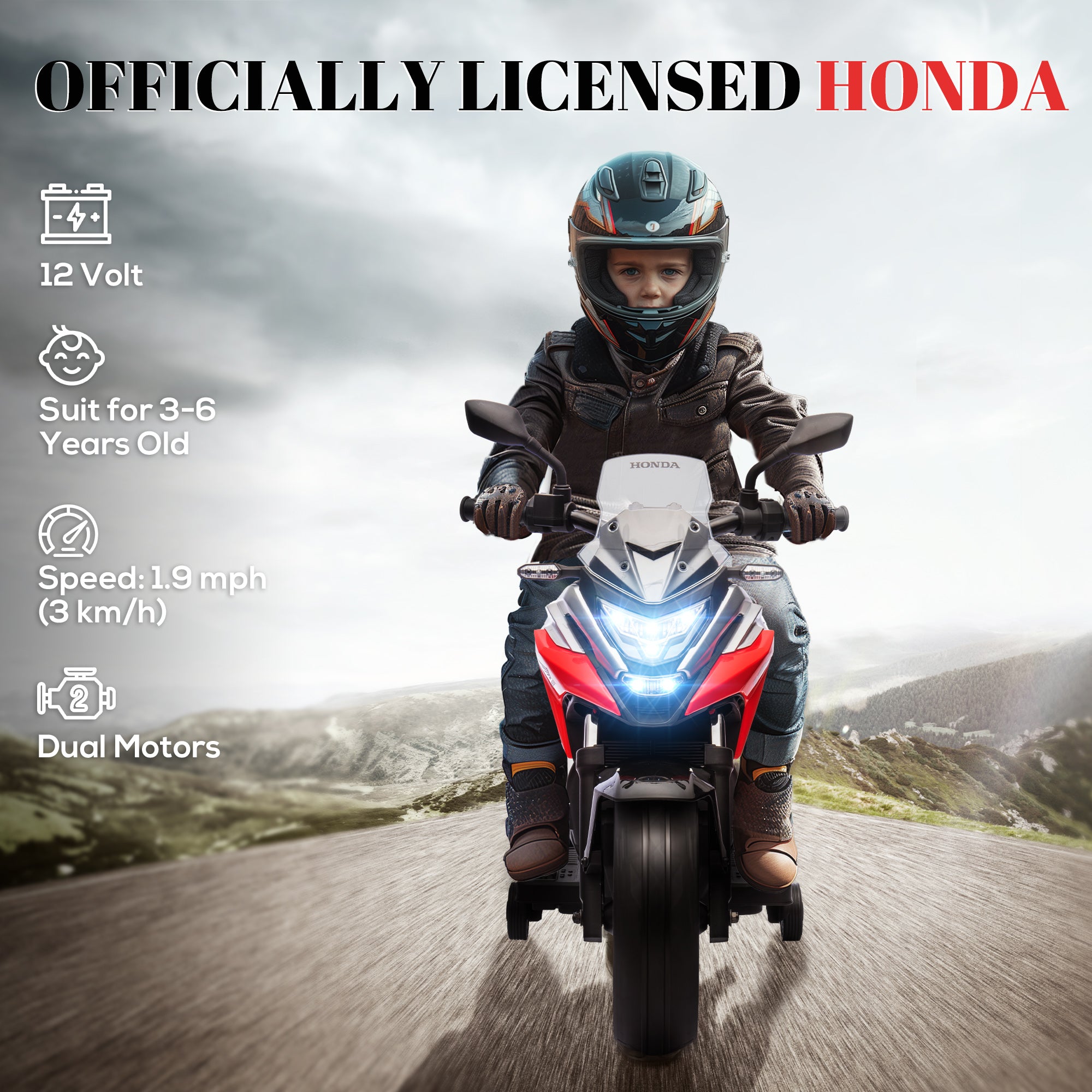 AIYAPLAY 12V Honda Licensed Kids Electric Motorbike w/ Music, Headlights, Early Education Function, for 3-6 Years - Red - anydaydirect