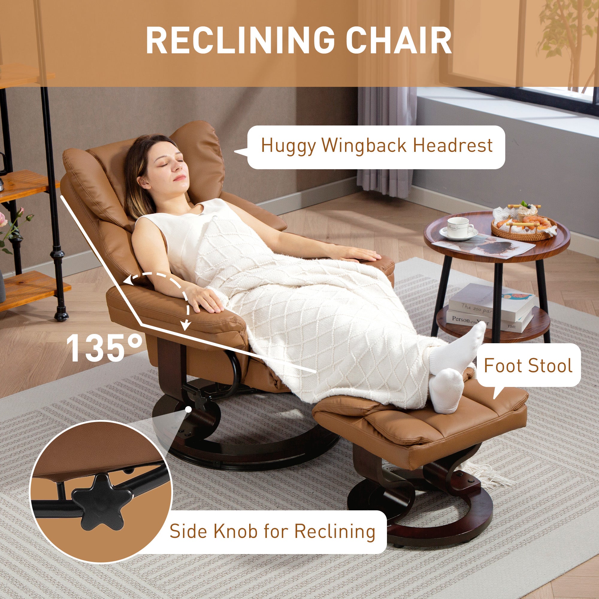 HOMCOM Faux Leather Reclining Chair and Footstool - Brown - anydaydirect