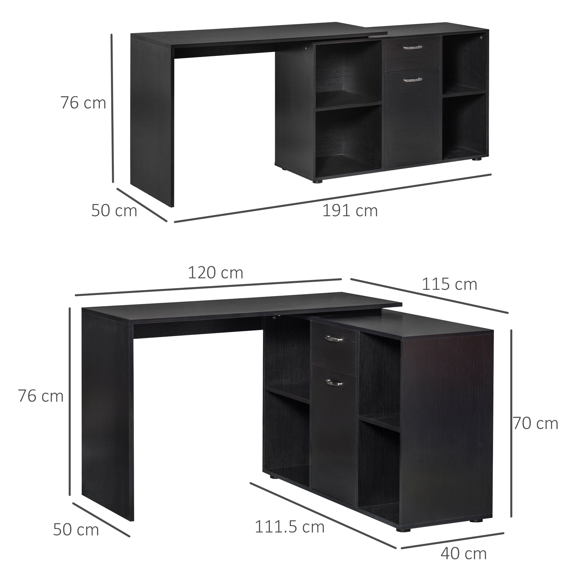 HOMCOM L-Shaped Computer Desk with Storage Compartments, Drawer and Cabinet, Laptop PC Corner Table, Home Office Workstation, 120 x 115 x 76cm, Black - anydaydirect