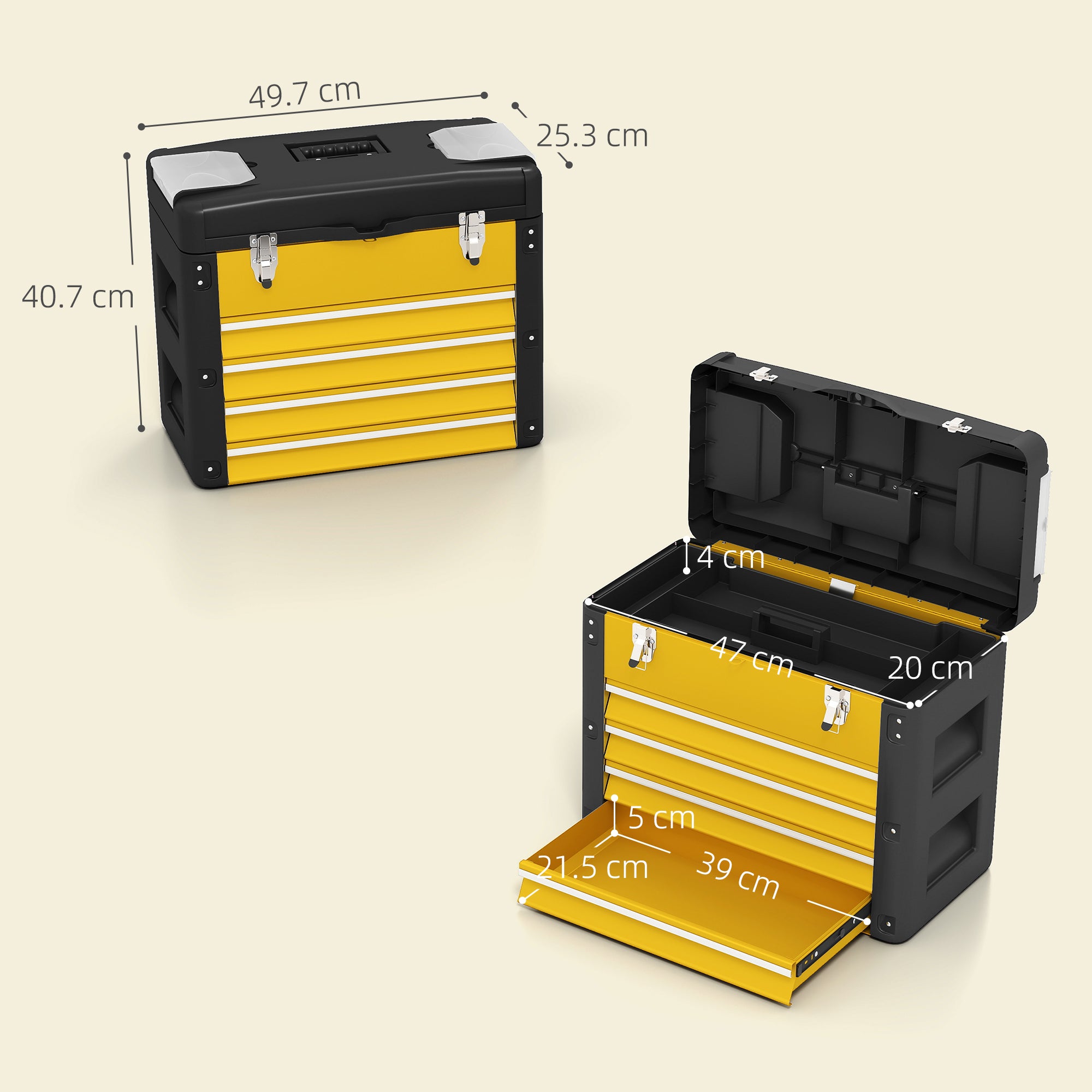 HOMCOM 4 Drawers Large Toolbox - Yellow - anydaydirect