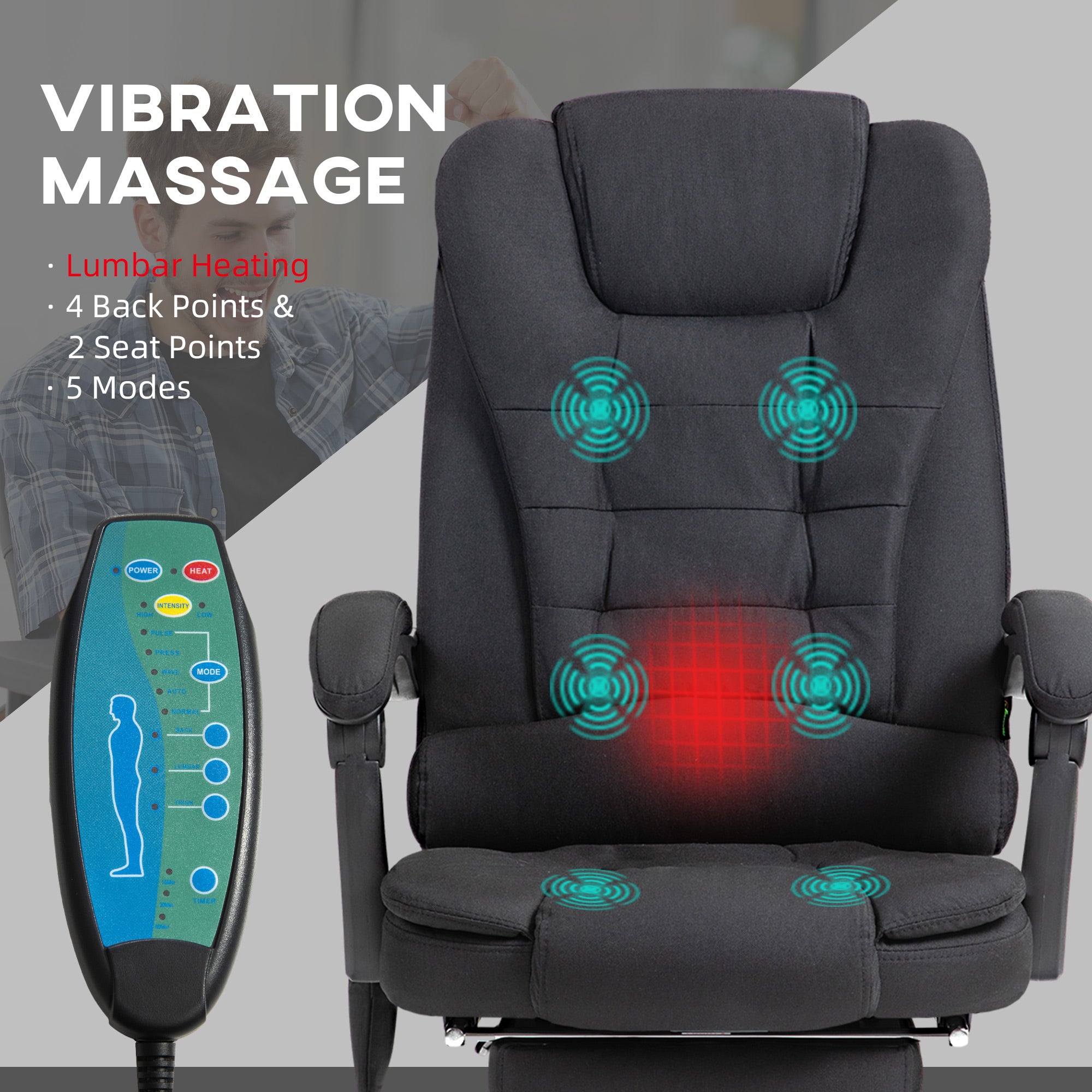 Vinsetto Six-Point Massage and Heated Office Chair - Black - anydaydirect