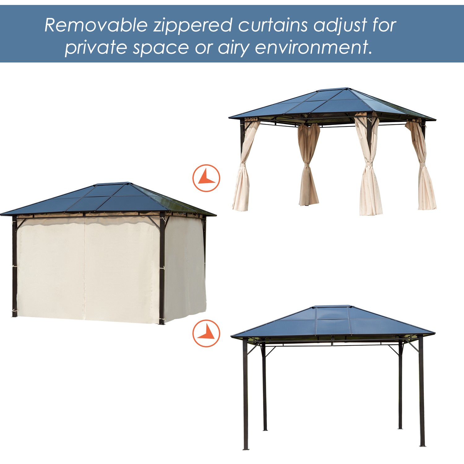 Outsunny 3 x 3.6m Hardtop Gazebo Canopy with Polycarbonate Roof Garden Pavilion with Removable Curtains and Steel Frame, Brown - anydaydirect