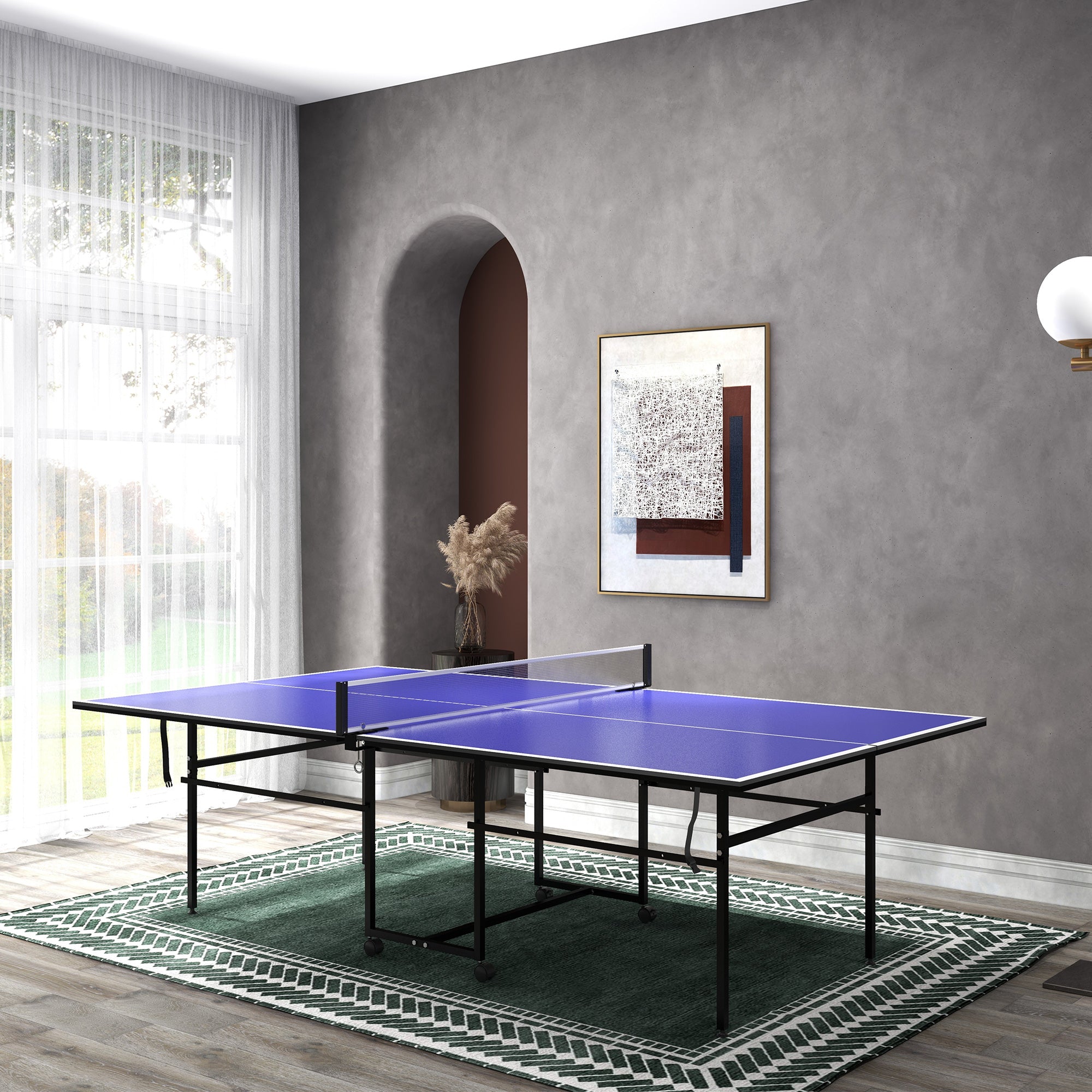 SPORTNOW 9FT Folding Table Tennis Table with Four Wheels, for Indoor Use, Blue - anydaydirect