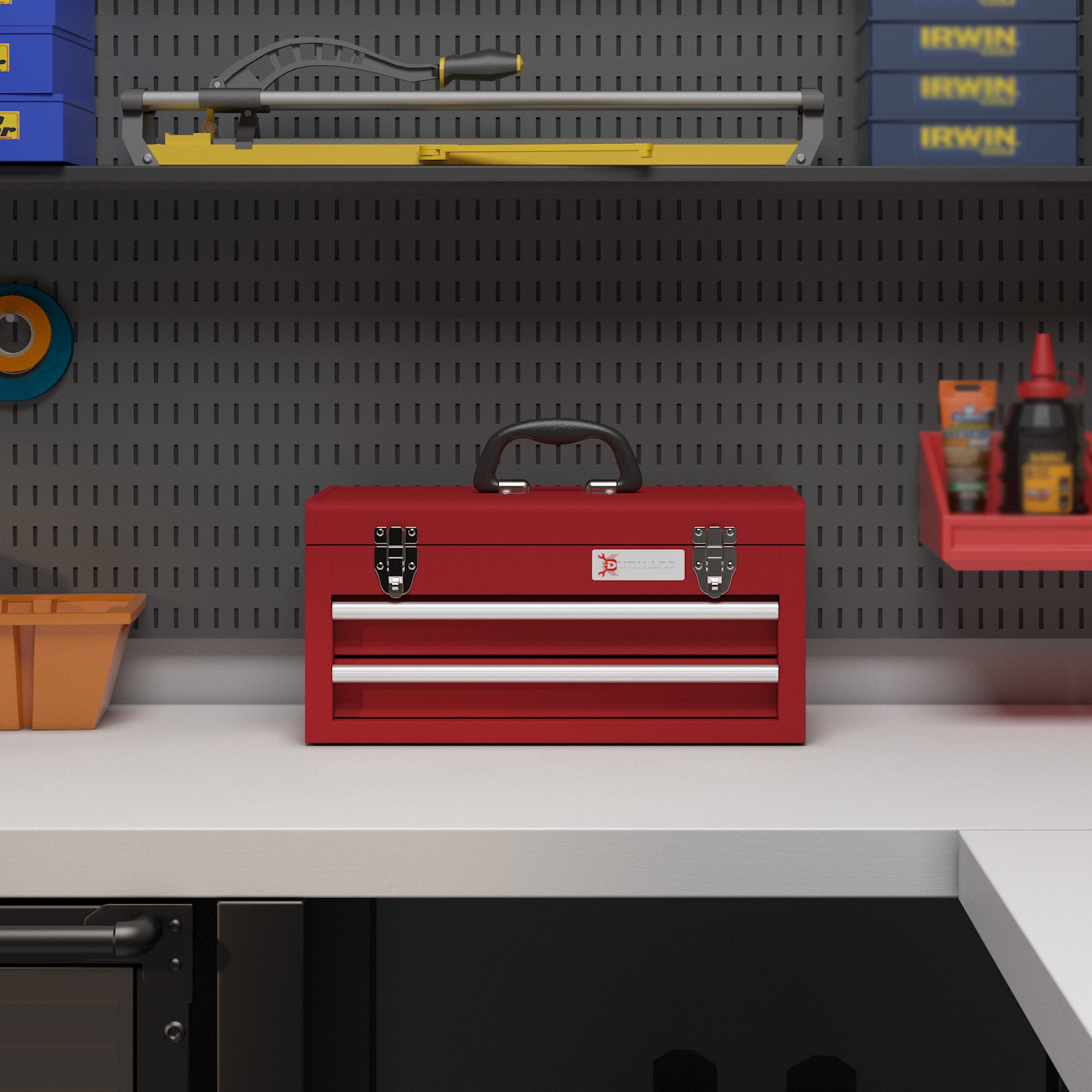DURHAND Lockable Metal Tool Box, 2 Drawer Tool Chest with Latches, Handle, Ball Bearing Runners, Red - anydaydirect