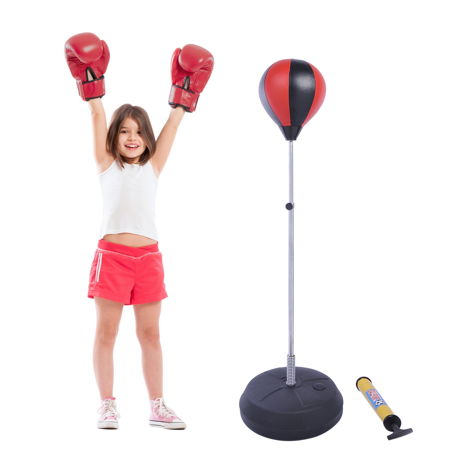 HOMCOM Training Boxing Punch Ball Set 125-145H x ?43cm with Gloves Air Pump, 4-Position Adjustable Height Freestanding Boxing Speed Ball for Teenagers Exercise Training - anydaydirect