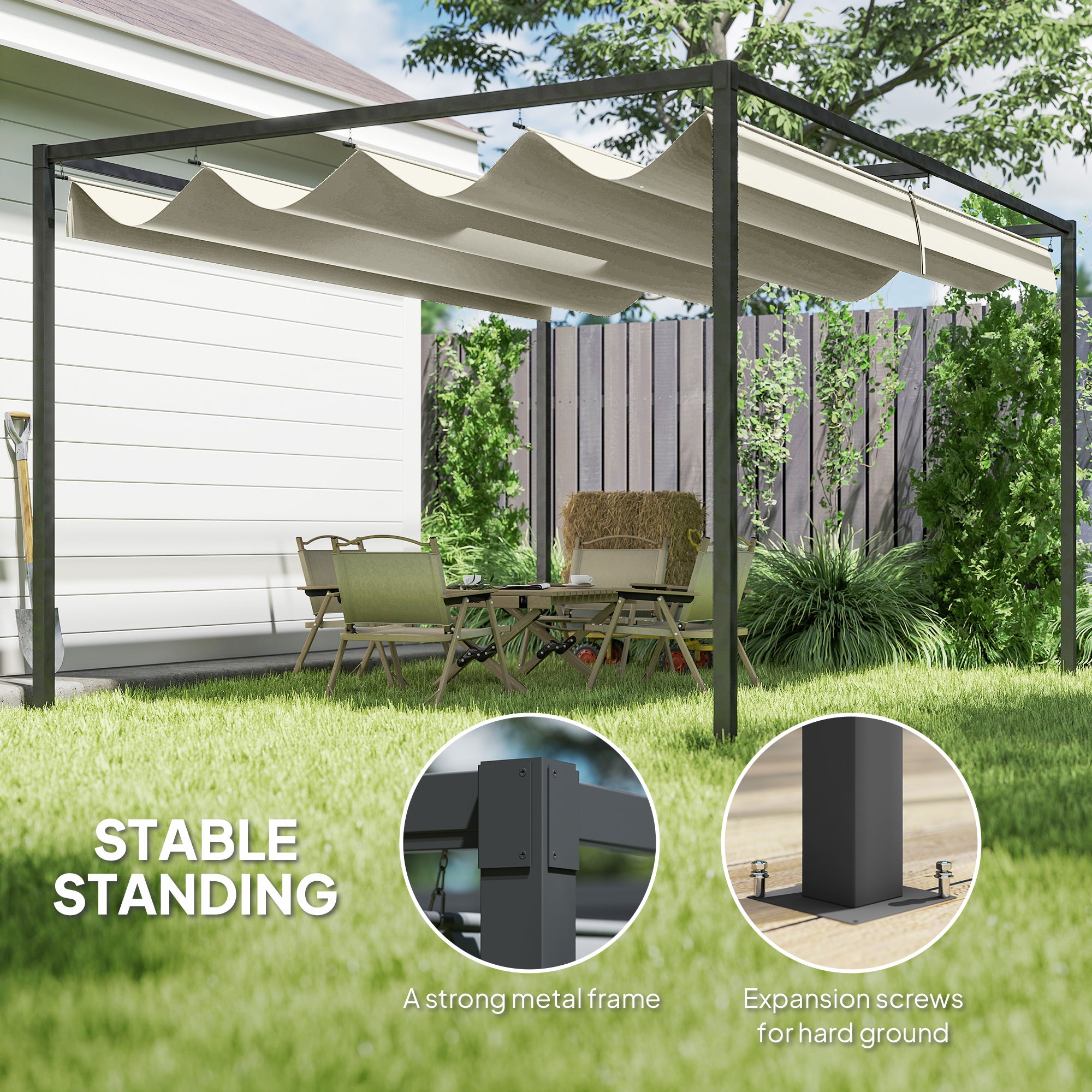 Outsunny 4 x 3(m) Metal Pergola with Retractable Roof, Garden Gazebo Canopy Shelter for Outdoor, Patio, Cream White - anydaydirect