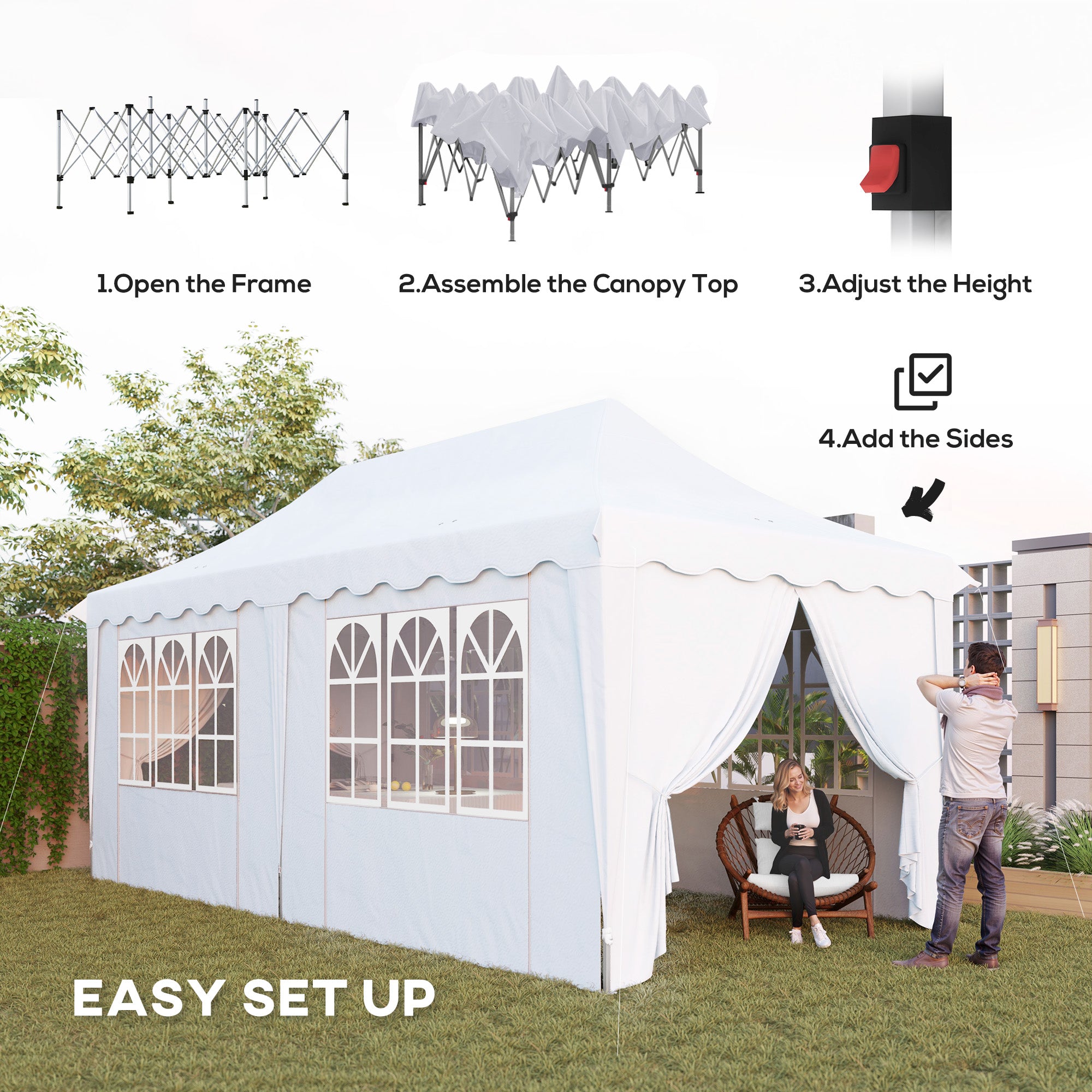 Outsunny 3 x 6m Pop Up Gazebo with Sides, UPF50+ Height Adjustable Party Tent Instant Event Shelter with Carry Bag and Sand Bags for Garden, Patio, White - anydaydirect