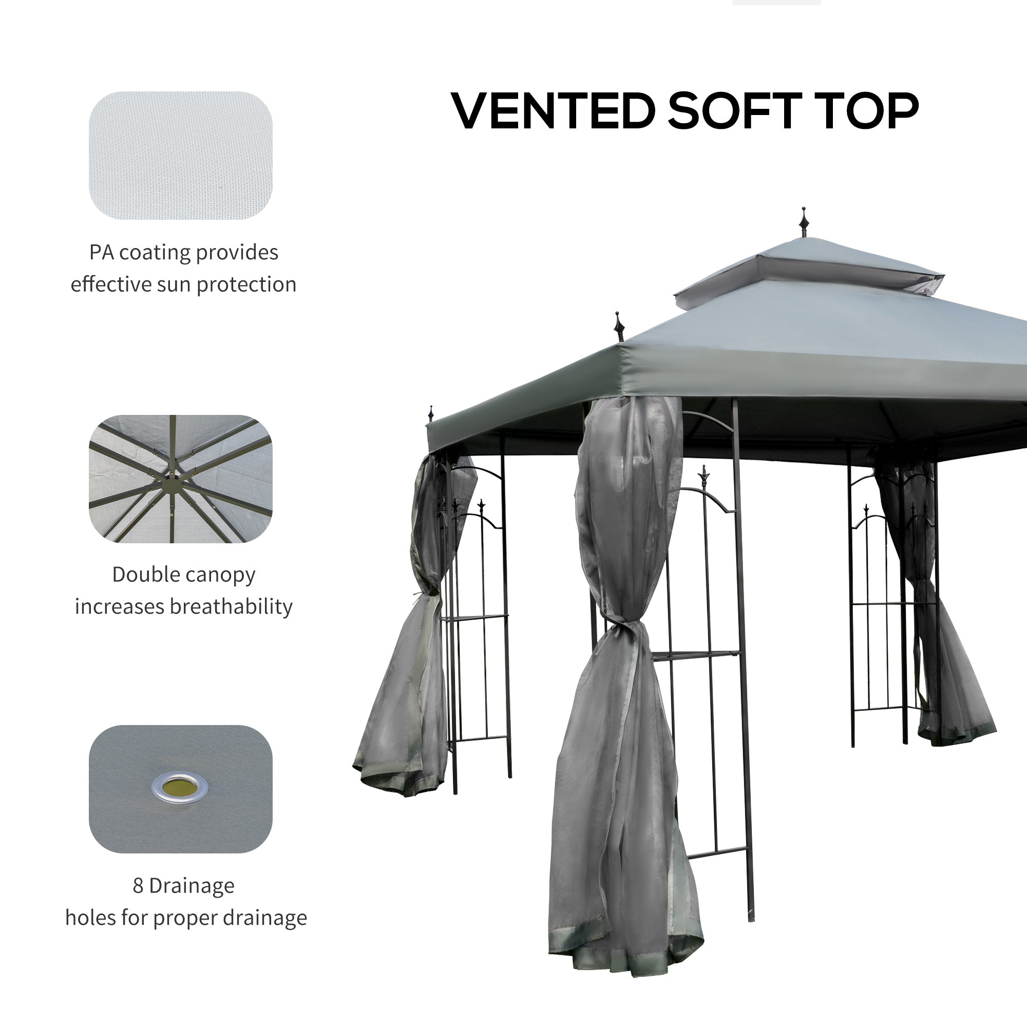 Outsunny 3(M)x3(M) Garden Gazebo Double Top Outdoor Canopy Patio Event Party Wedding Tent Backyard Sun Shade with Netting - Grey - anydaydirect