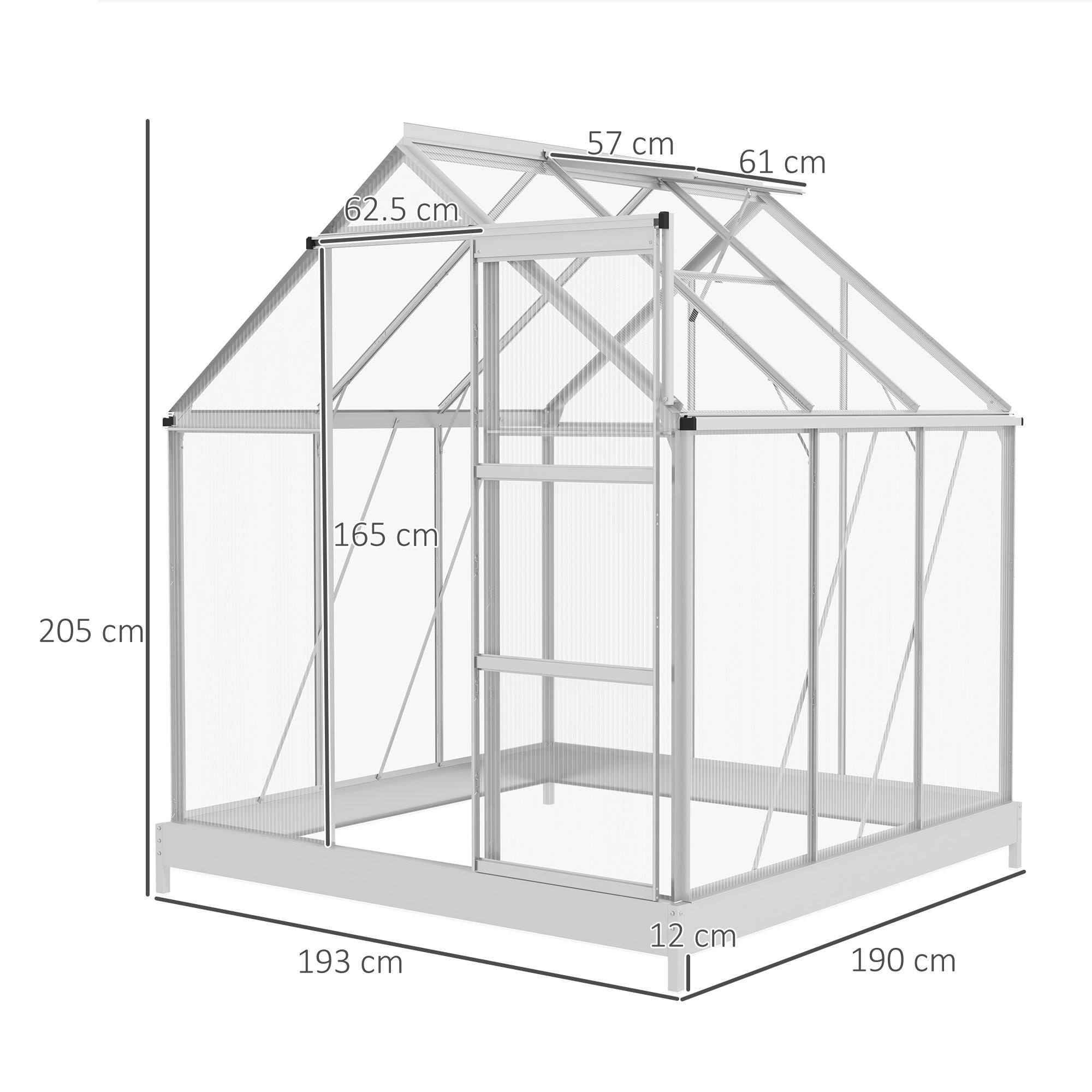 Outsunny 6 x 6ft Walk-In Greenhouse, Polycarbonate Greenhouse with Sliding Door, Window, Aluminium Frame, Foundation, Silver - anydaydirect