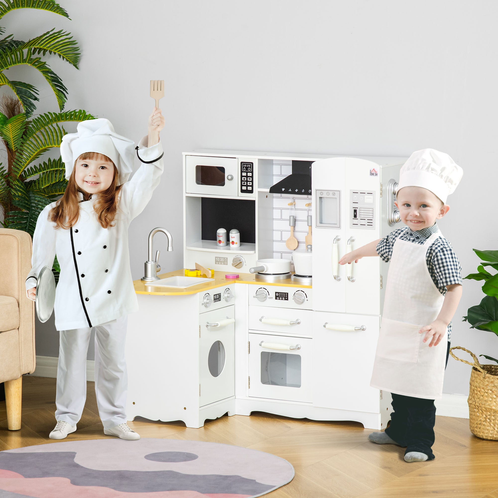 HOMCOM Kids Kitchen Playset, Large Pretend Role Play Kitchen, White - anydaydirect