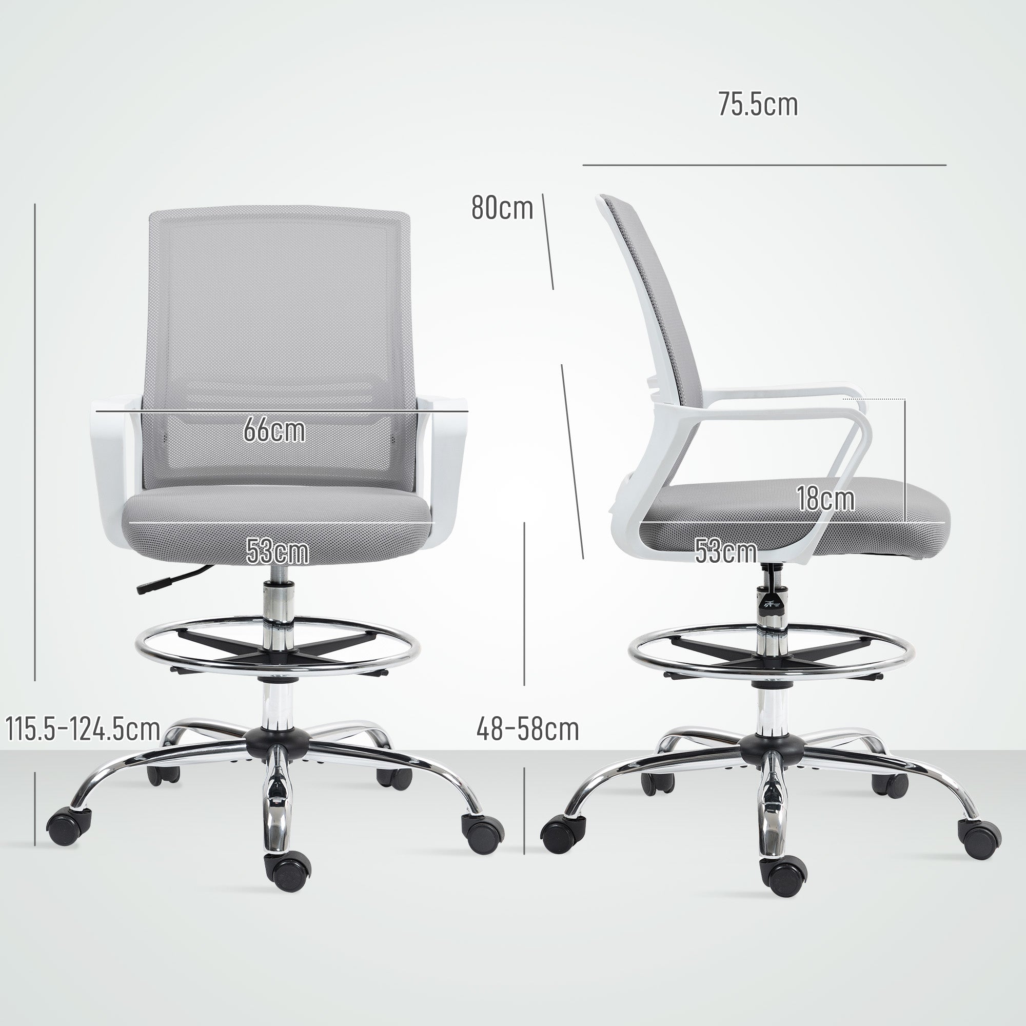 HOMCOM Draughtsman Chair, Mesh Drafting Chair, Ergonomic Office Chair with Lumbar Support, Adjustable Foot Ring, Grey - anydaydirect