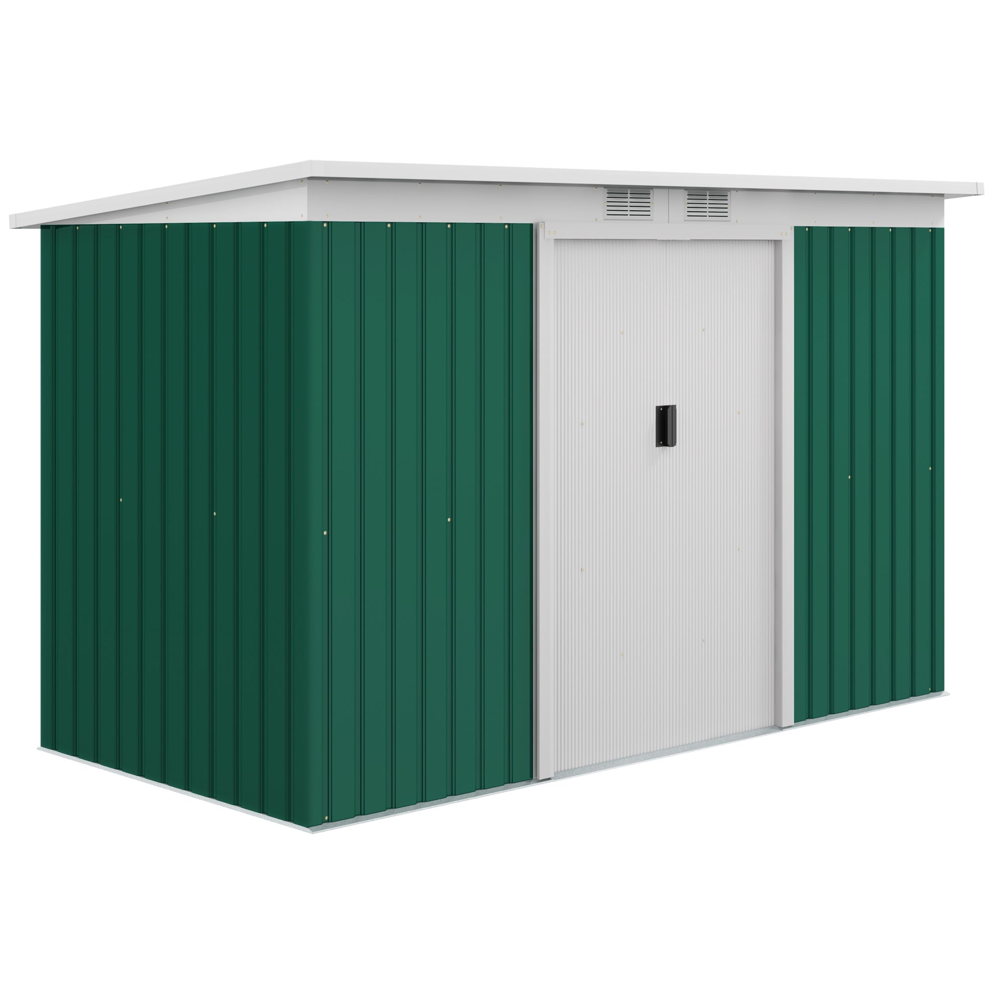 Outsunny 9ft x 4.25ft Corrugated Garden Metal Storage Shed Outdoor Equipment Tool Box with Foundation Ventilation & Doors Deep Green - anydaydirect