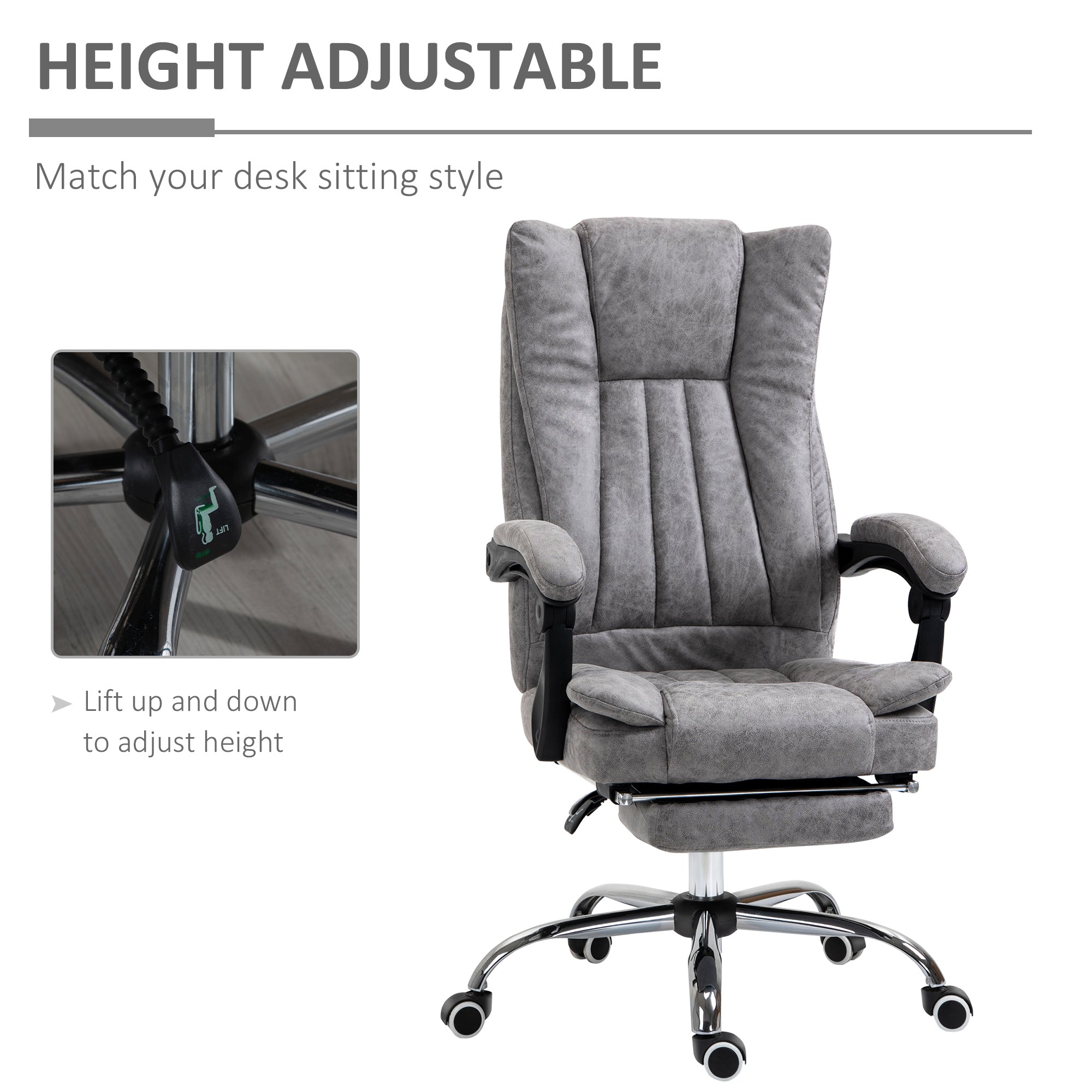 Vinsetto Home Office Chair Microfibre Desk Chair with Reclining Function Armrests Swivel Wheels Footrest Grey - anydaydirect