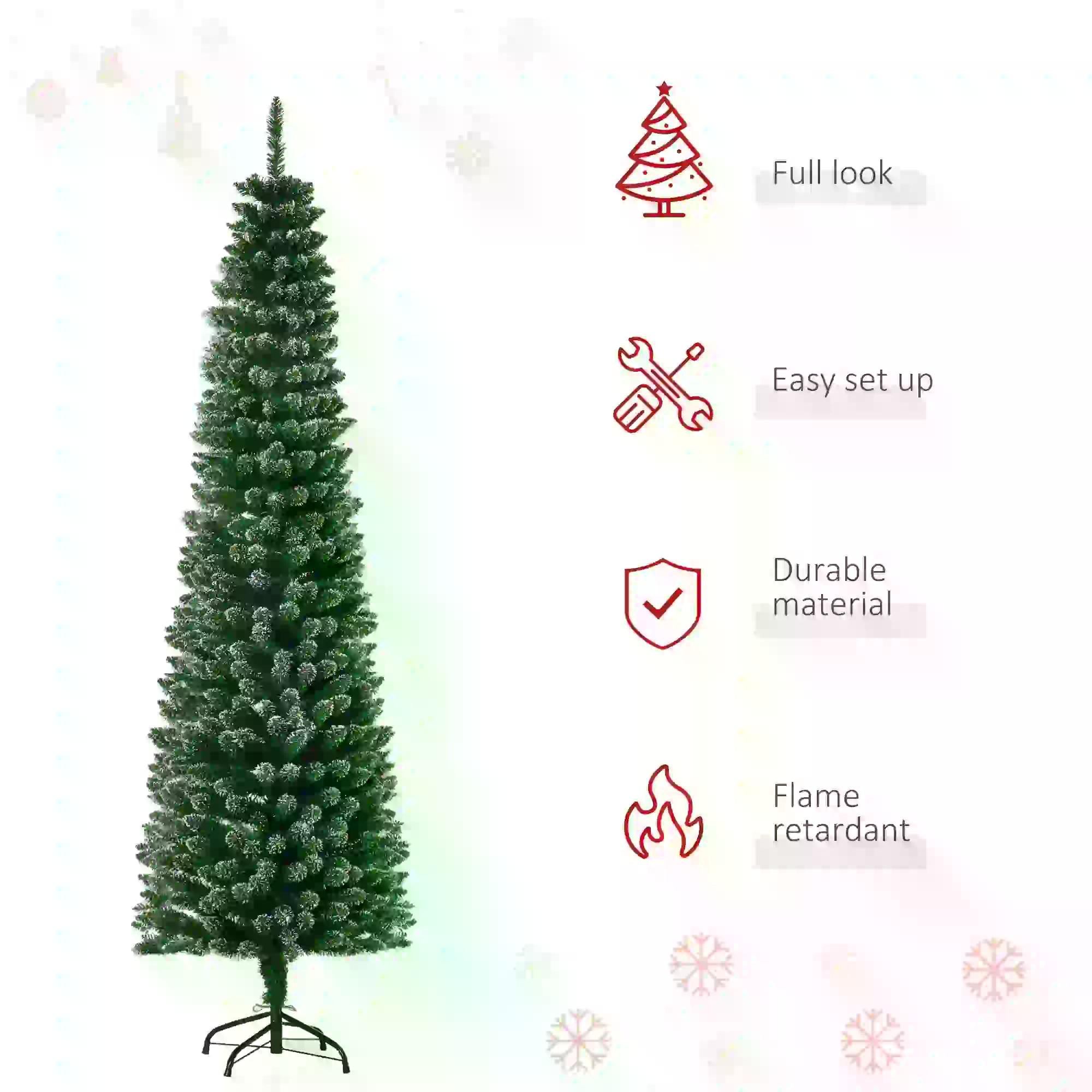 HOMCOM 6.5FT Artificial Snow Dipped Christmas Tree Xmas Pencil Tree Holiday Home Indoor Decoration with Foldable Black Stand, Green - anydaydirect