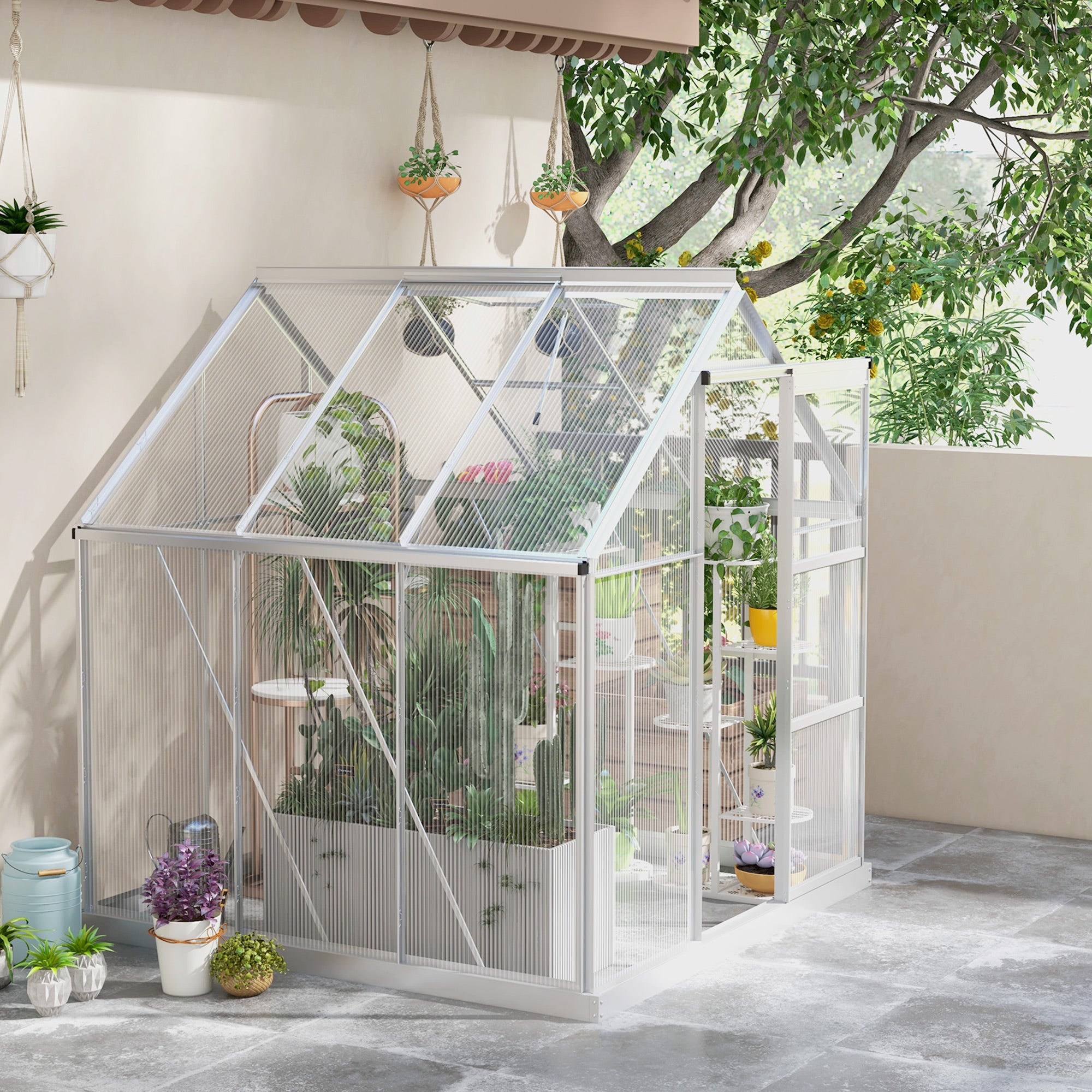 Outsunny 6 x 6ft Walk-In Greenhouse, Polycarbonate Greenhouse with Sliding Door, Window, Aluminium Frame, Foundation, Silver - anydaydirect