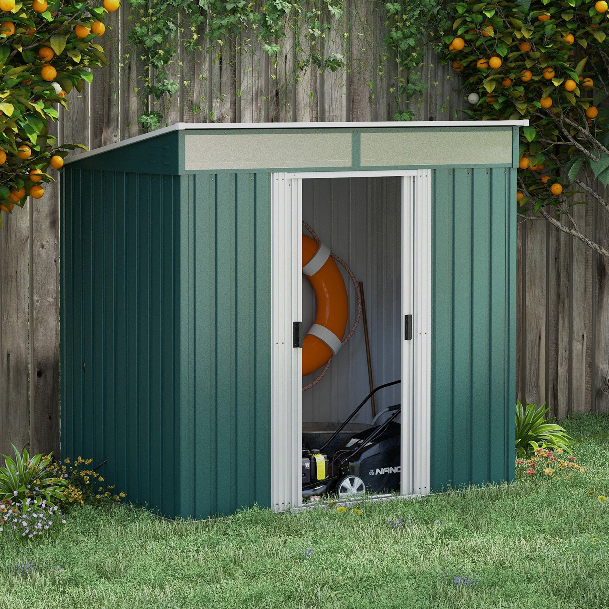 Outsunny 6.5 x 4FT Galvanised Metal Shed with Foundation, Lockable Tool Garden Shed with Double Sliding Doors and 2 Vents, Green - anydaydirect