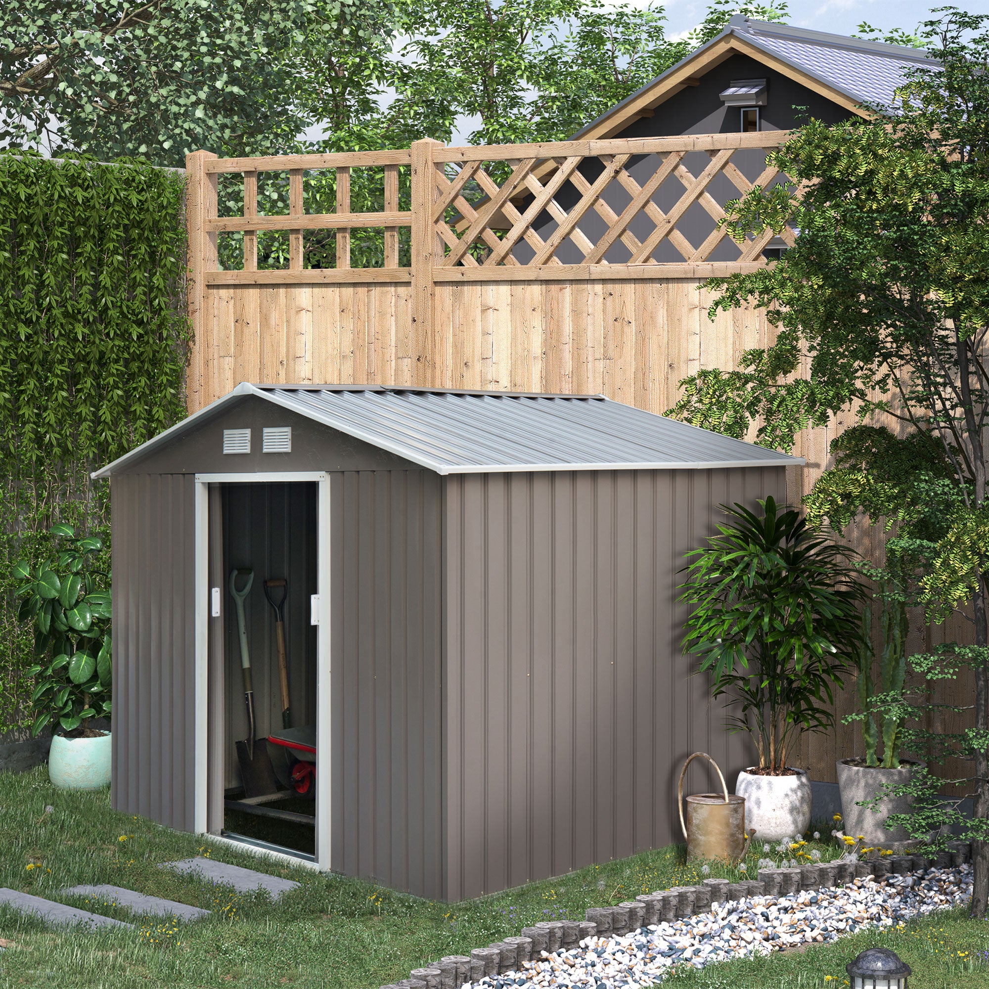 Outsunny 9 x 6 ft Metal Garden Storage Shed Sloped Roof Tool House with Foundation Ventilation & Double Door, Grey - anydaydirect